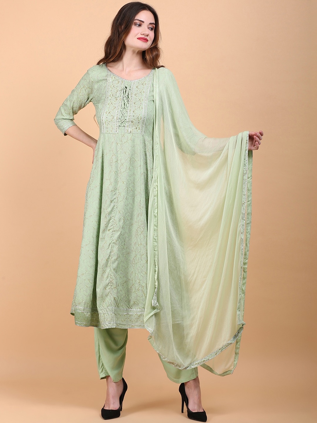 

TOULIN Floral Printed Gotta Patti Kurta with Trousers & Dupatta, Green