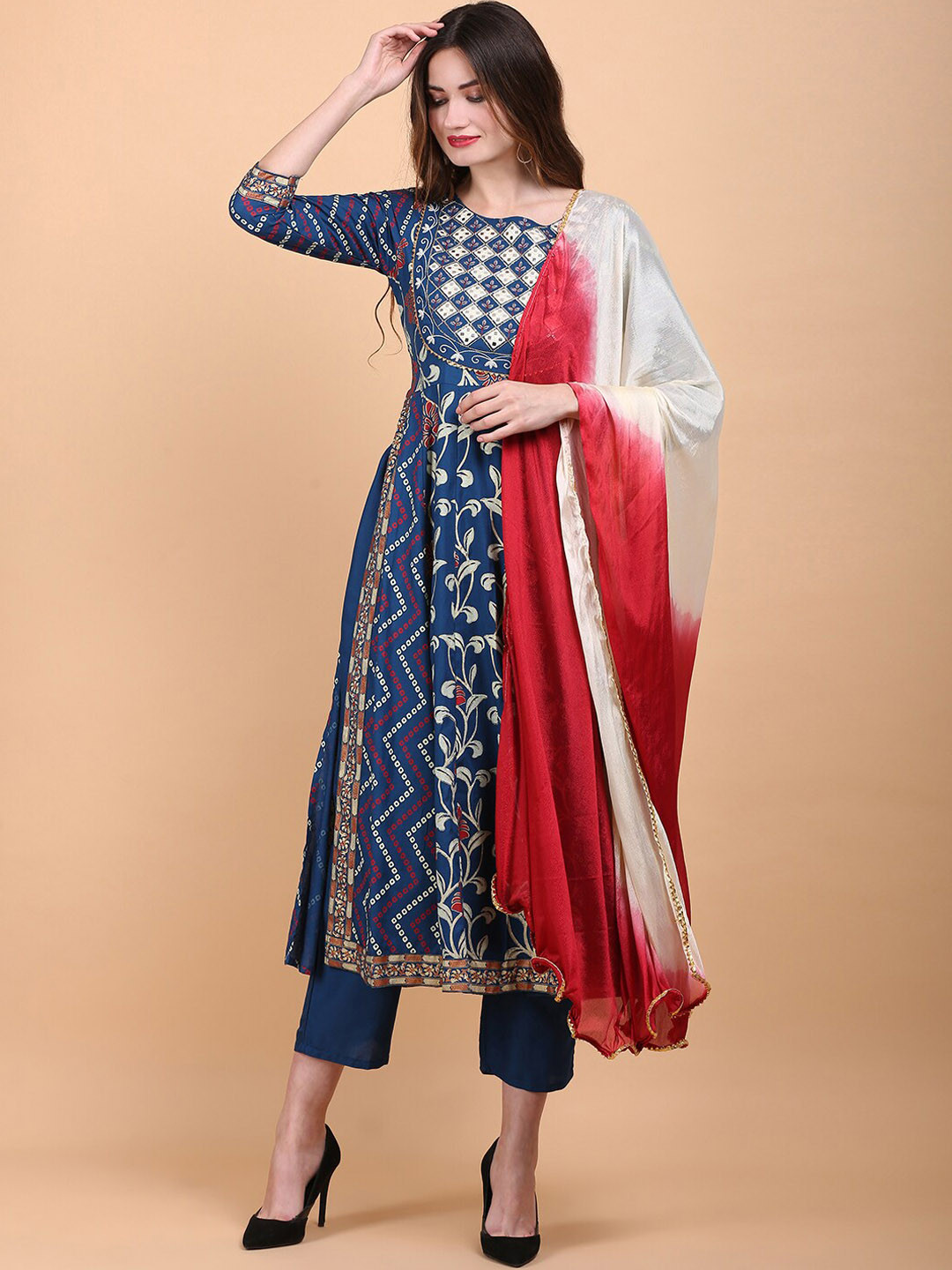 

TOULIN Floral Printed Mirror Work A-Line Kurta with Palazzos & Dupatta, Blue
