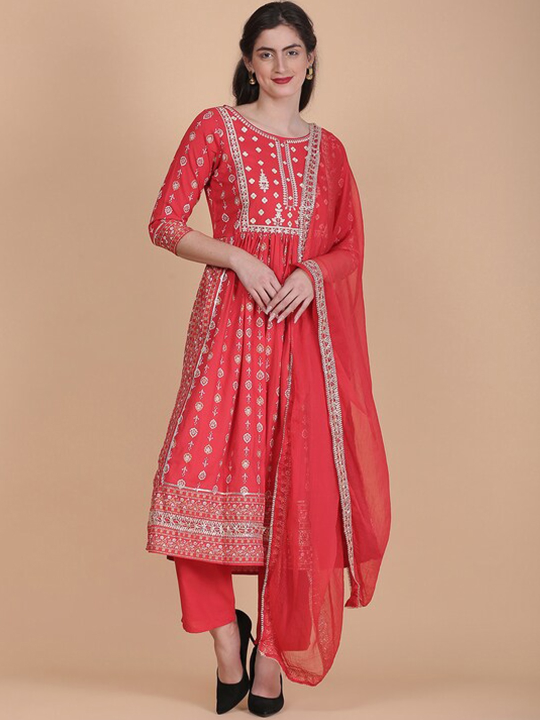 

TOULIN Floral Printed A-Line Kurta with Palazzos & Dupatta, Red