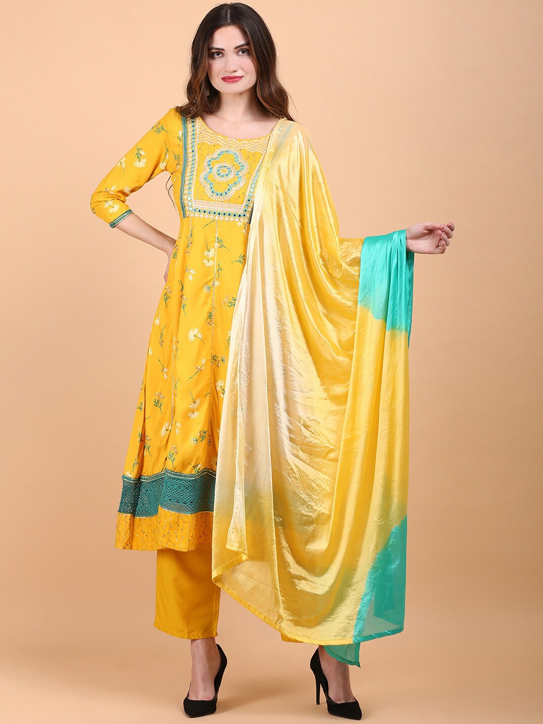 

TOULIN Floral Printed Mirror Work Kurta with Palazzos & Dupatta, Mustard