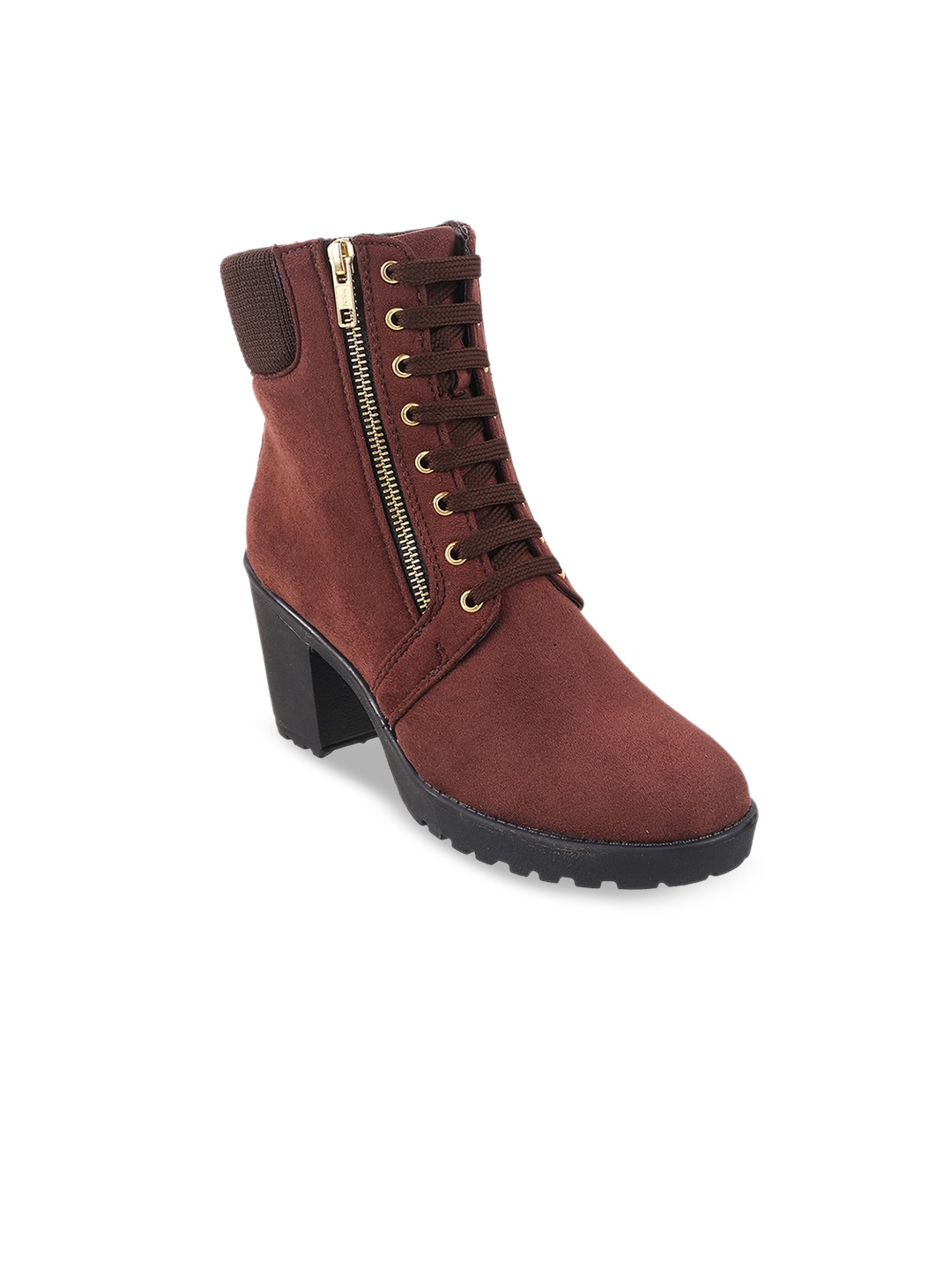 

Mochi Women Round Toe Lace Ups Block Heels Boots, Brown