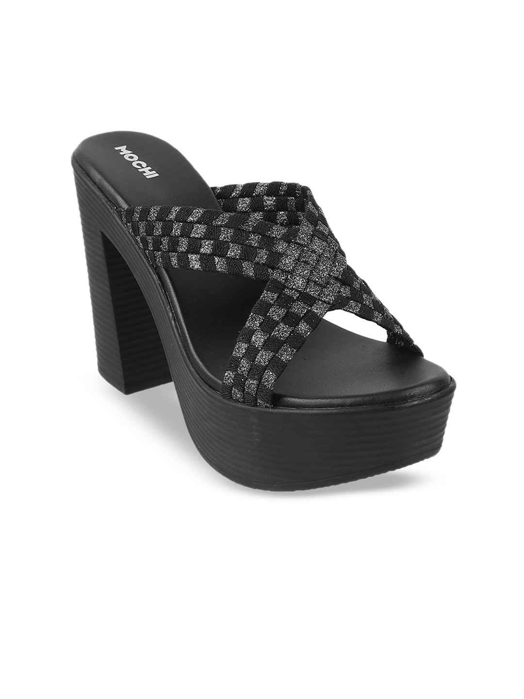 

Mochi Woven Design Open Back Block Heels, Black