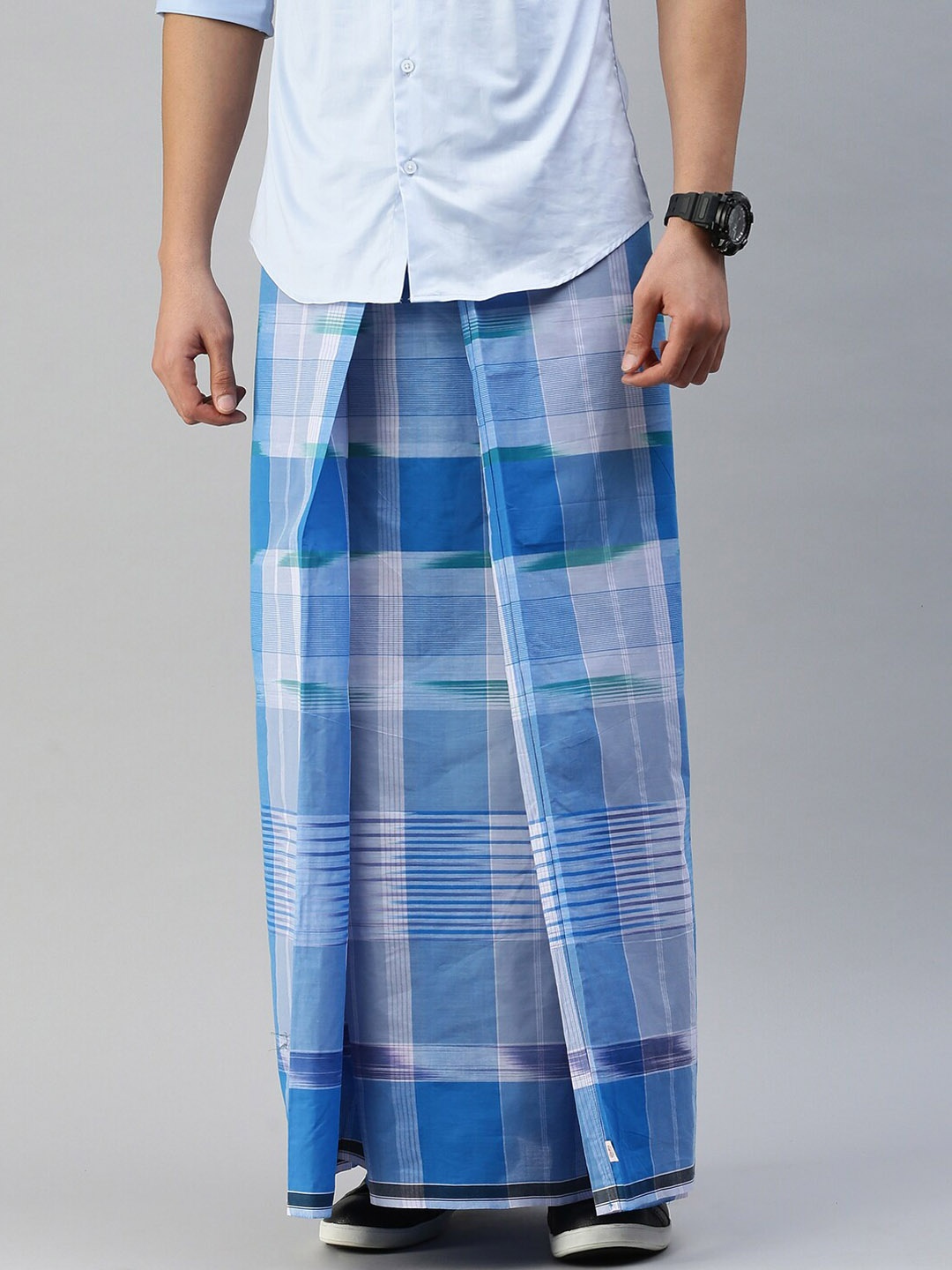 

Ulama Men Checked Pure Cotton Stitched Lungi, Blue