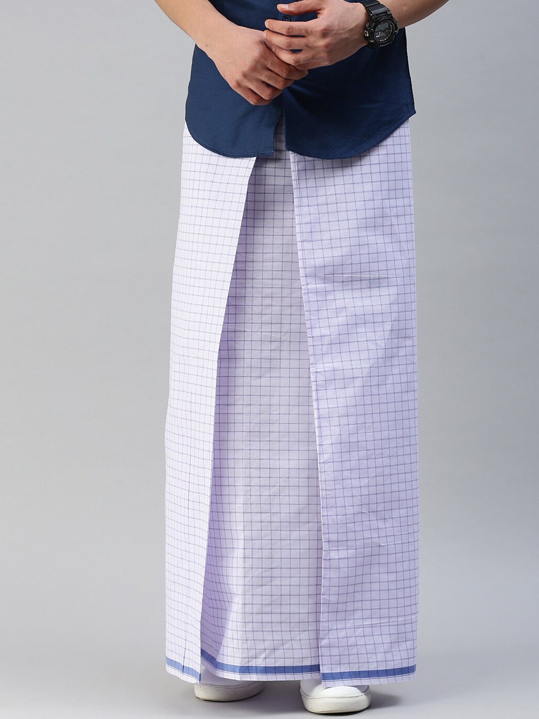 

Ulama Men Striped Pure Cotton Stitched Lungi, White