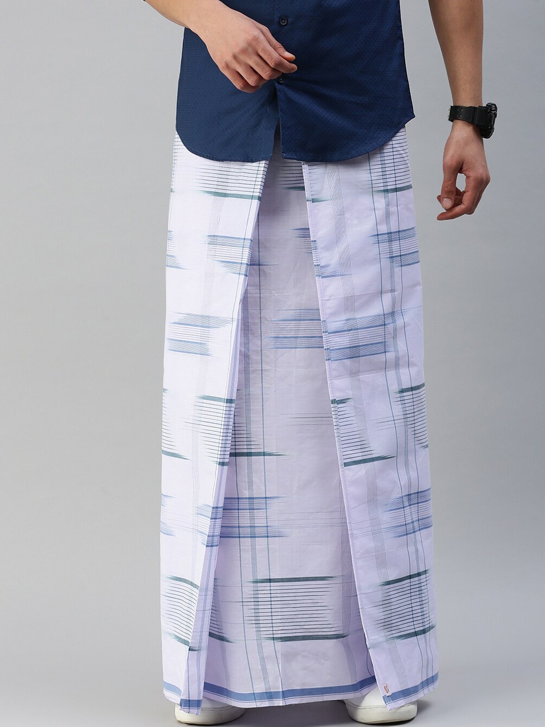 

Ulama Men Striped Pure Cotton Stitched Lungi, White