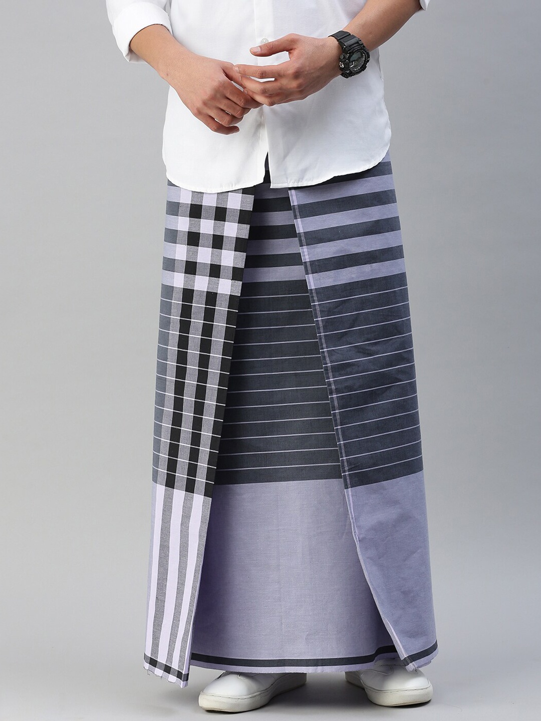 

Ulama Men Striped Pure Cotton Lungi, Grey