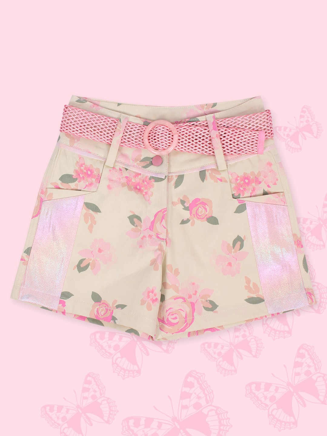 

CUTECUMBER Girls Floral Printed Mid-Rise Shorts, Cream