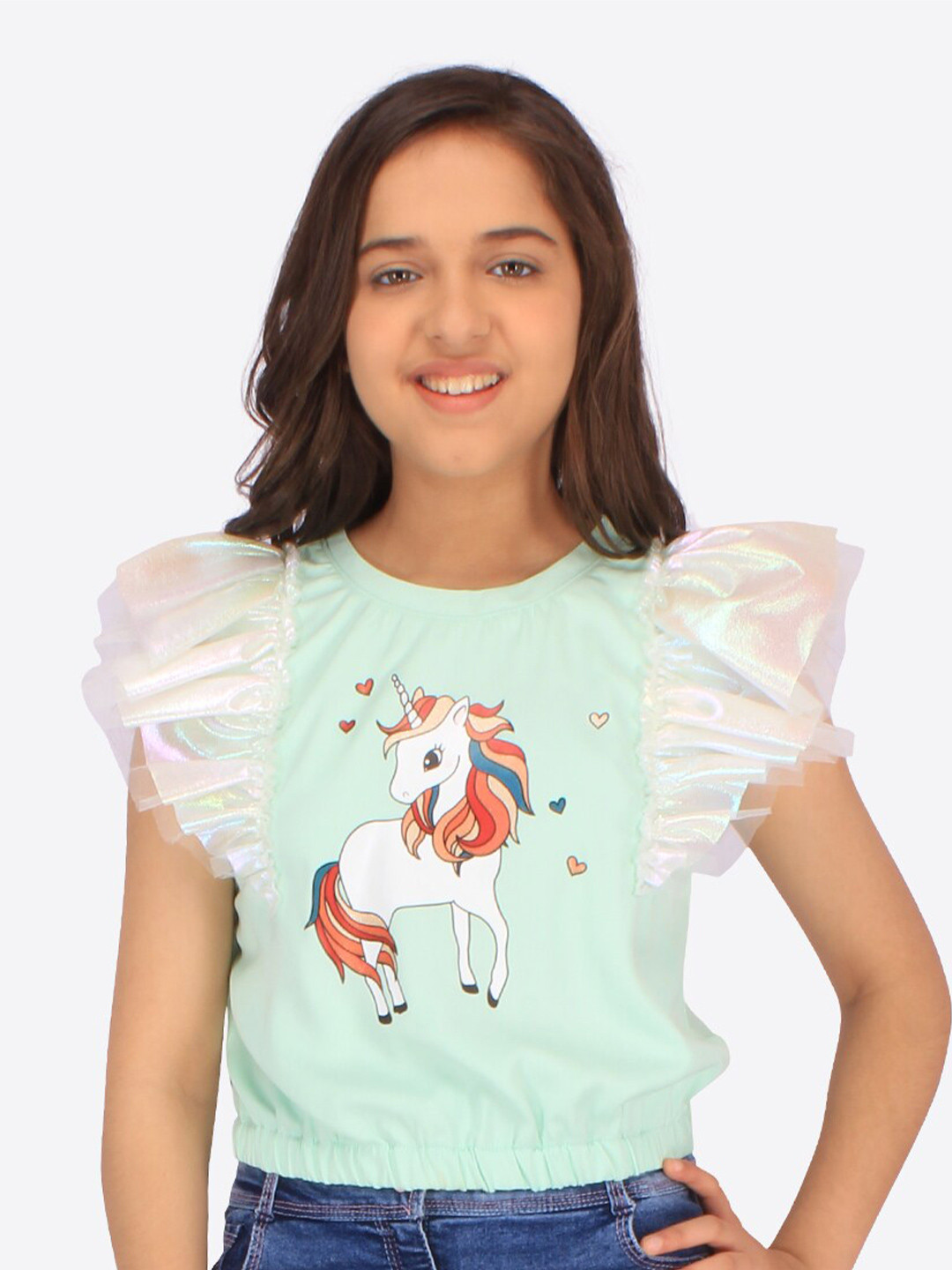 

CUTECUMBER Girls Graphic Print Flutter Sleeves Georgette Blouson Top, Green