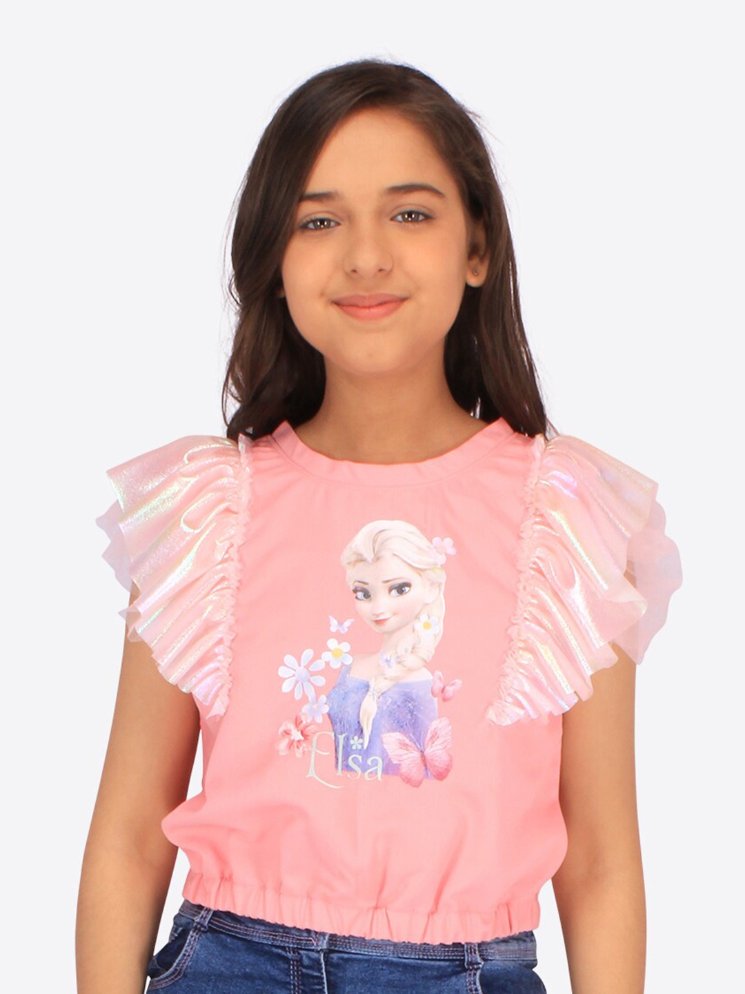 

CUTECUMBER Girls Graphic Print Flutter Sleeves Georgette Blouson Top, Pink