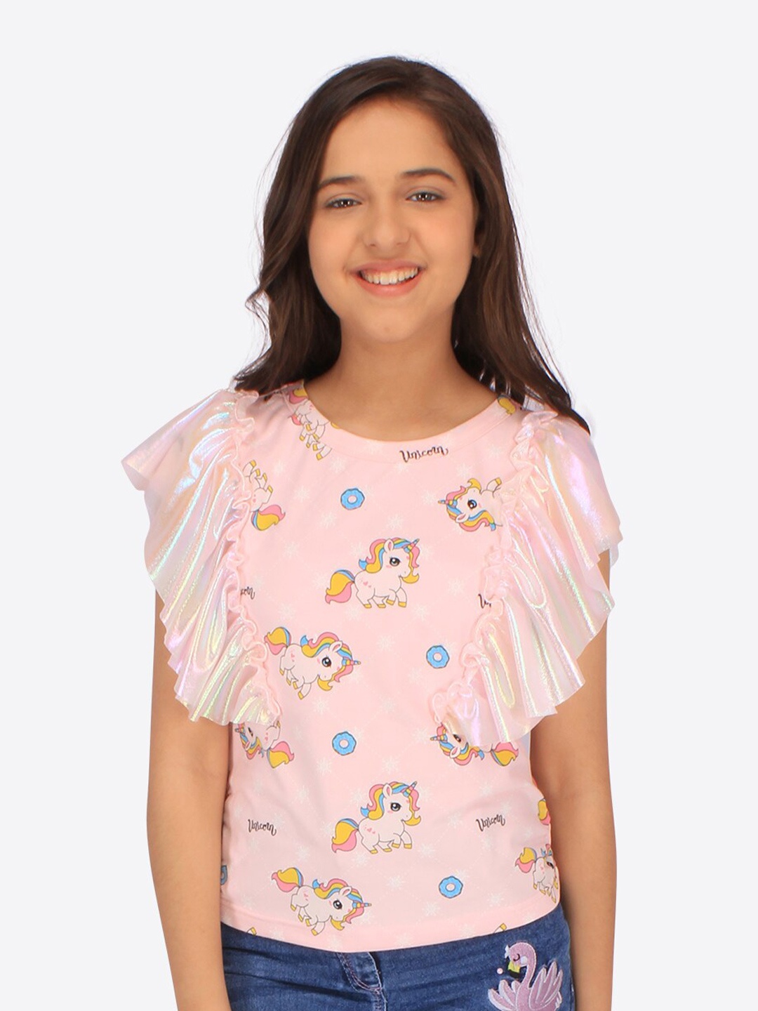 

CUTECUMBER Graphic Printed Flared Sleeves Ruffled Top, Pink