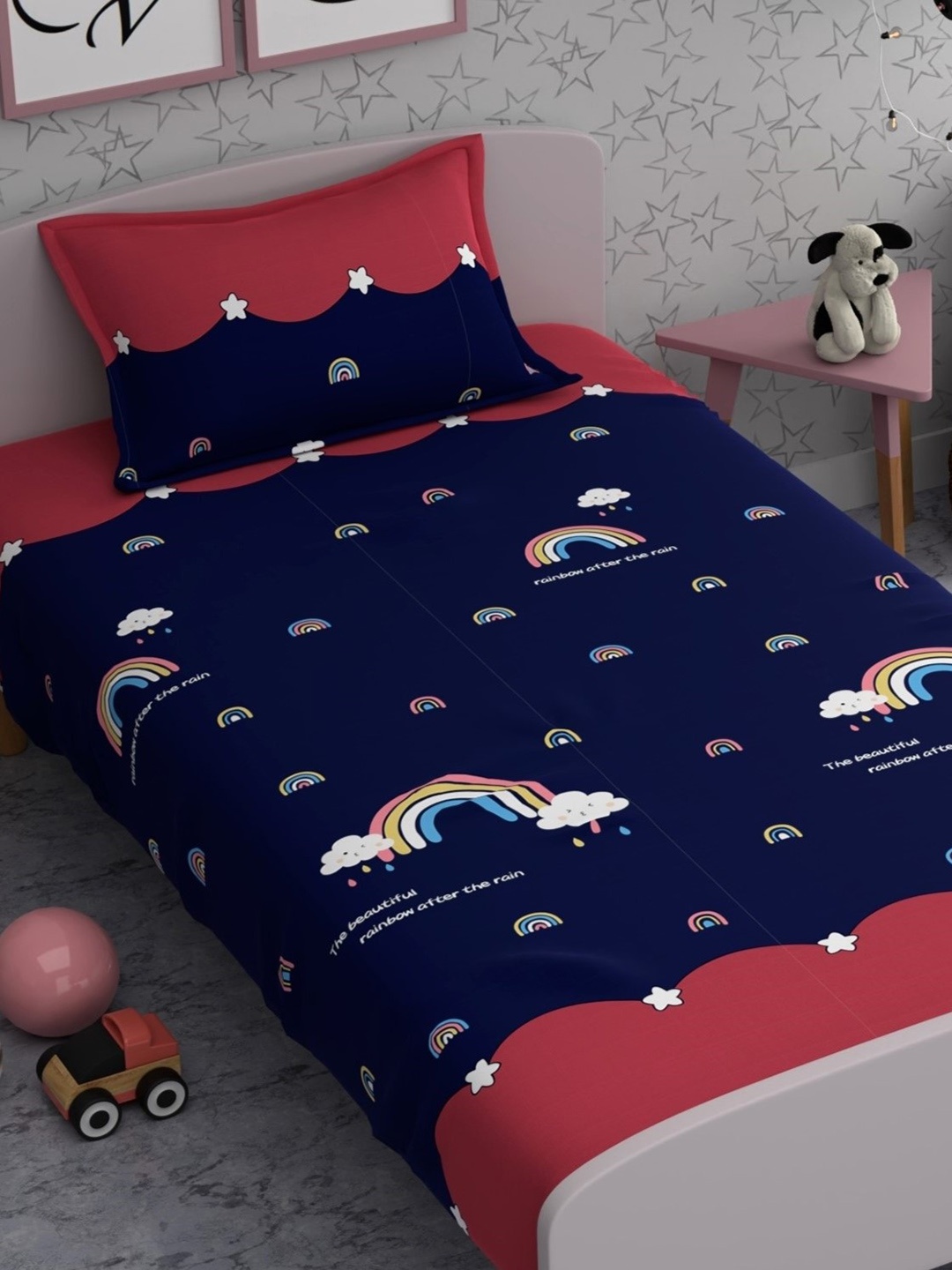 

CHHAVI INDIA Blue & Red Conversational 210 TC Single Bedsheet With 1 Pillow Cover