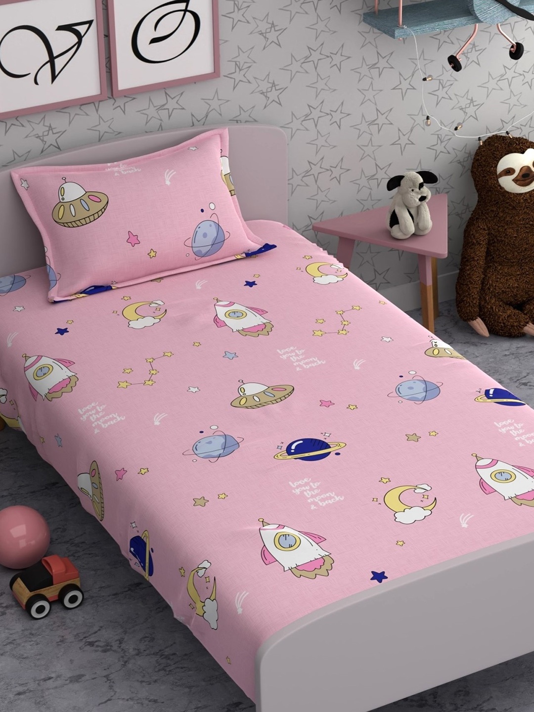 

CHHAVI INDIA Pink & White Conversational 210 TC Single Bedsheet With 1 Pillow Cover