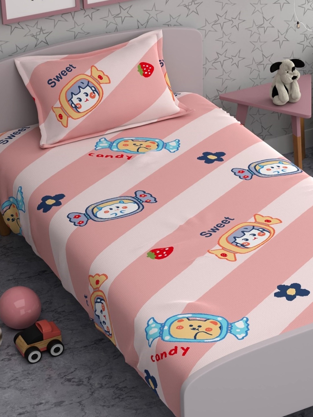 

CHHAVI INDIA Peach & Blue Conversational 210 TC Single Bedsheet With 1 Pillow Cover