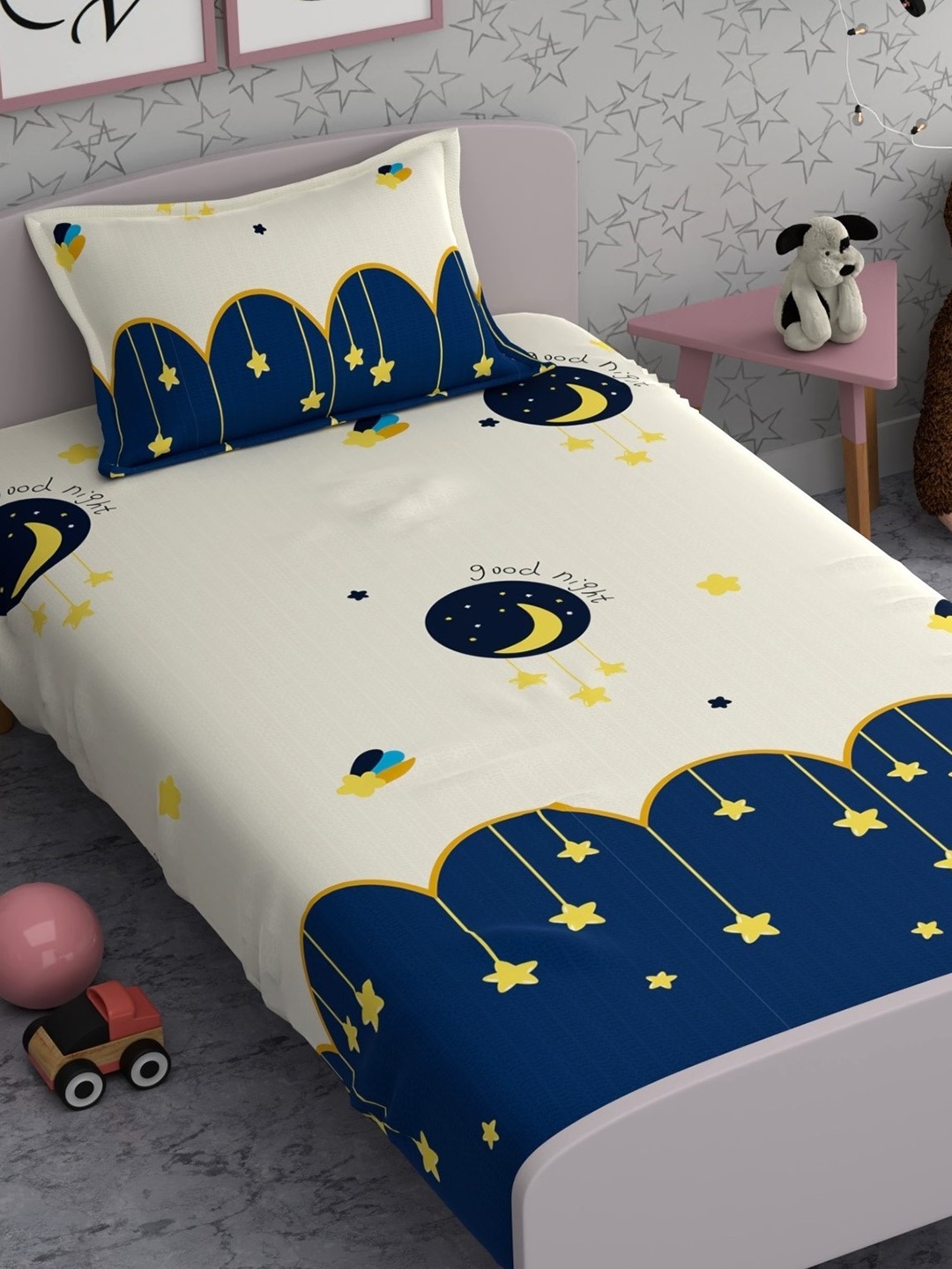 

CHHAVI INDIA Blue & Cream Conversational 210 TC Single Bedsheet With 1 Pillow Cover