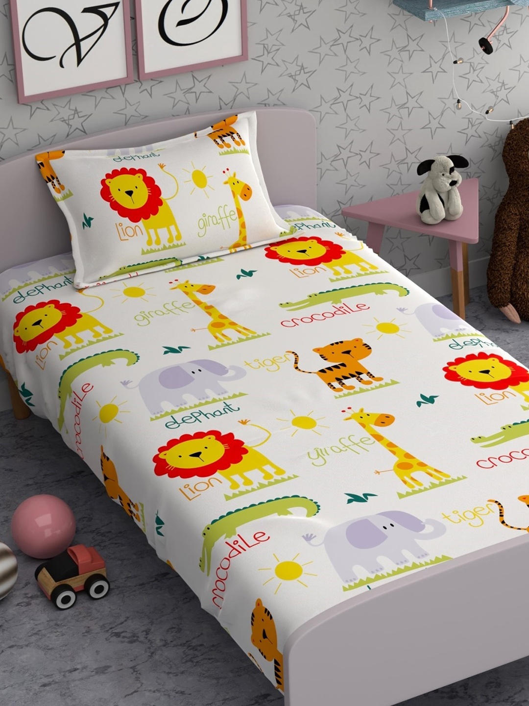

CHHAVI INDIA White & Yellow Conversational 210 TC Single Bedsheet With 1 Pillow Cover