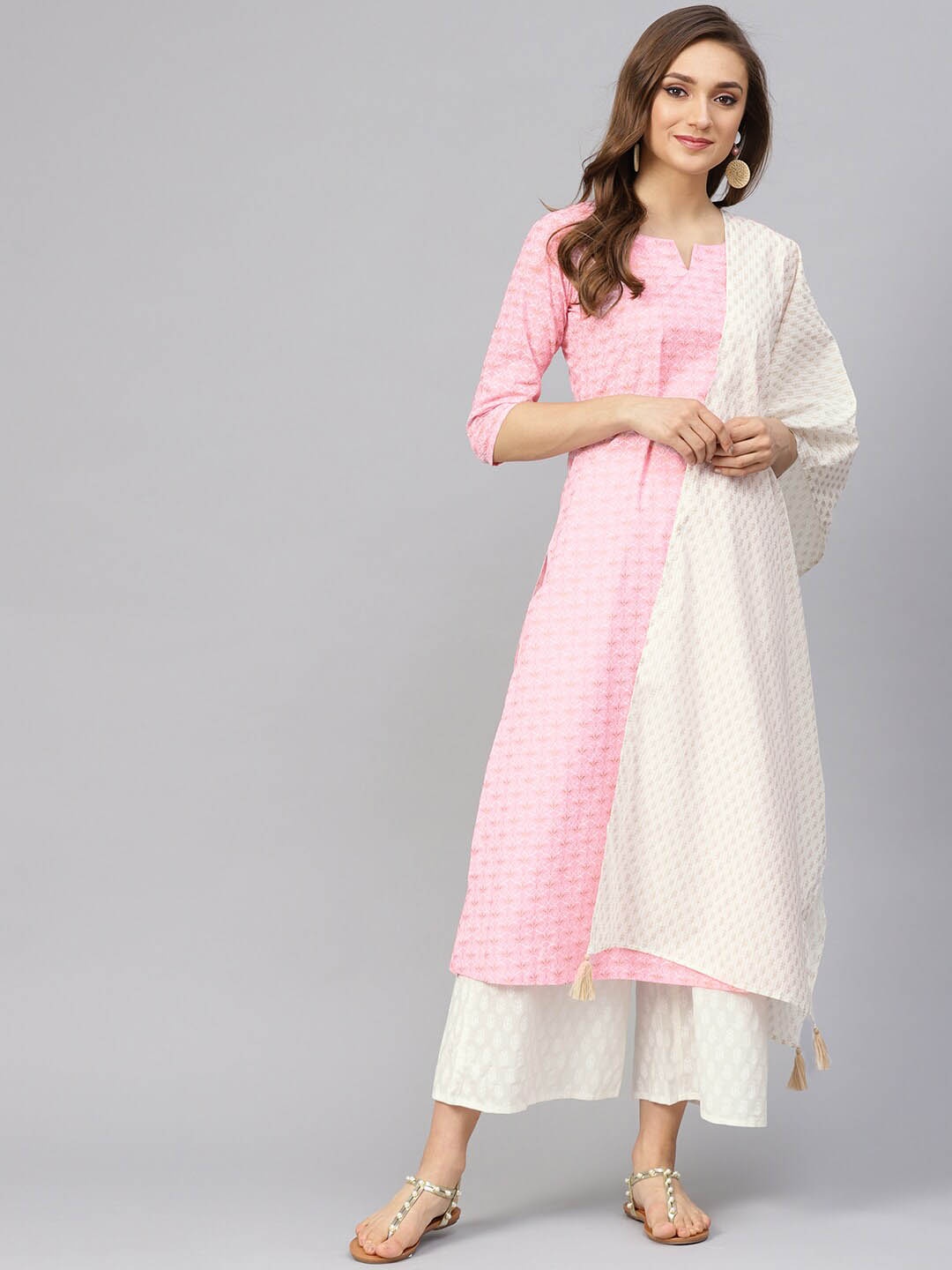 

Idalia Ethnic Motifs Printed Notched Neck Kurta with Palazzos & Dupatta, Pink