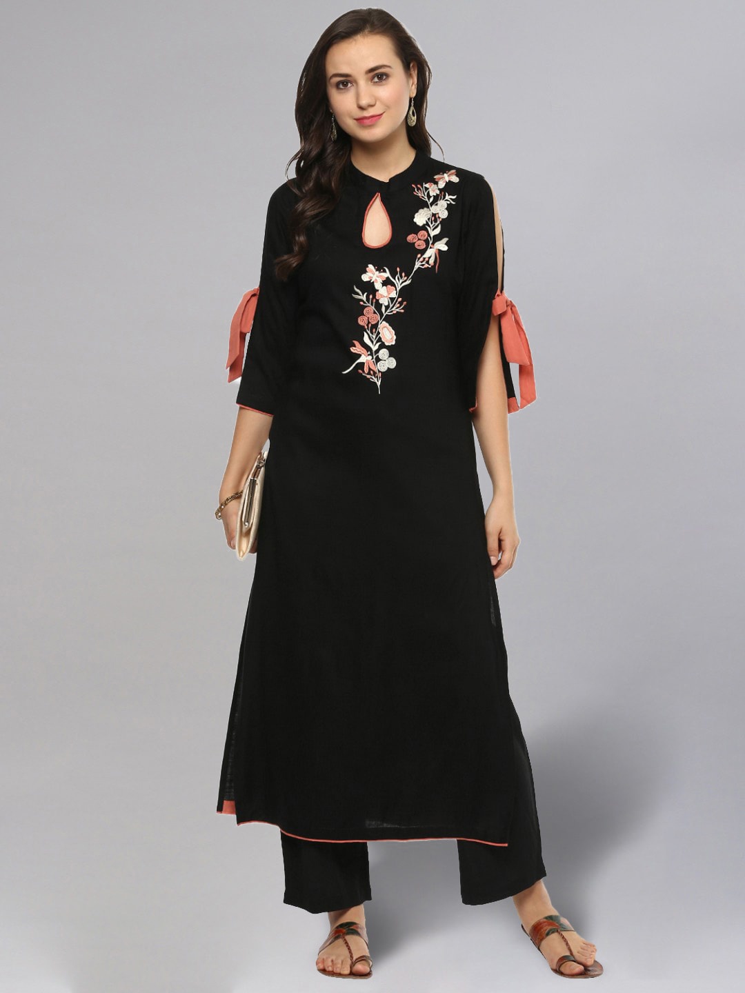 

Idalia Floral Embroidered Slit Sleeves Keyhole Neck A-Line Kurta with Palazzos, Black