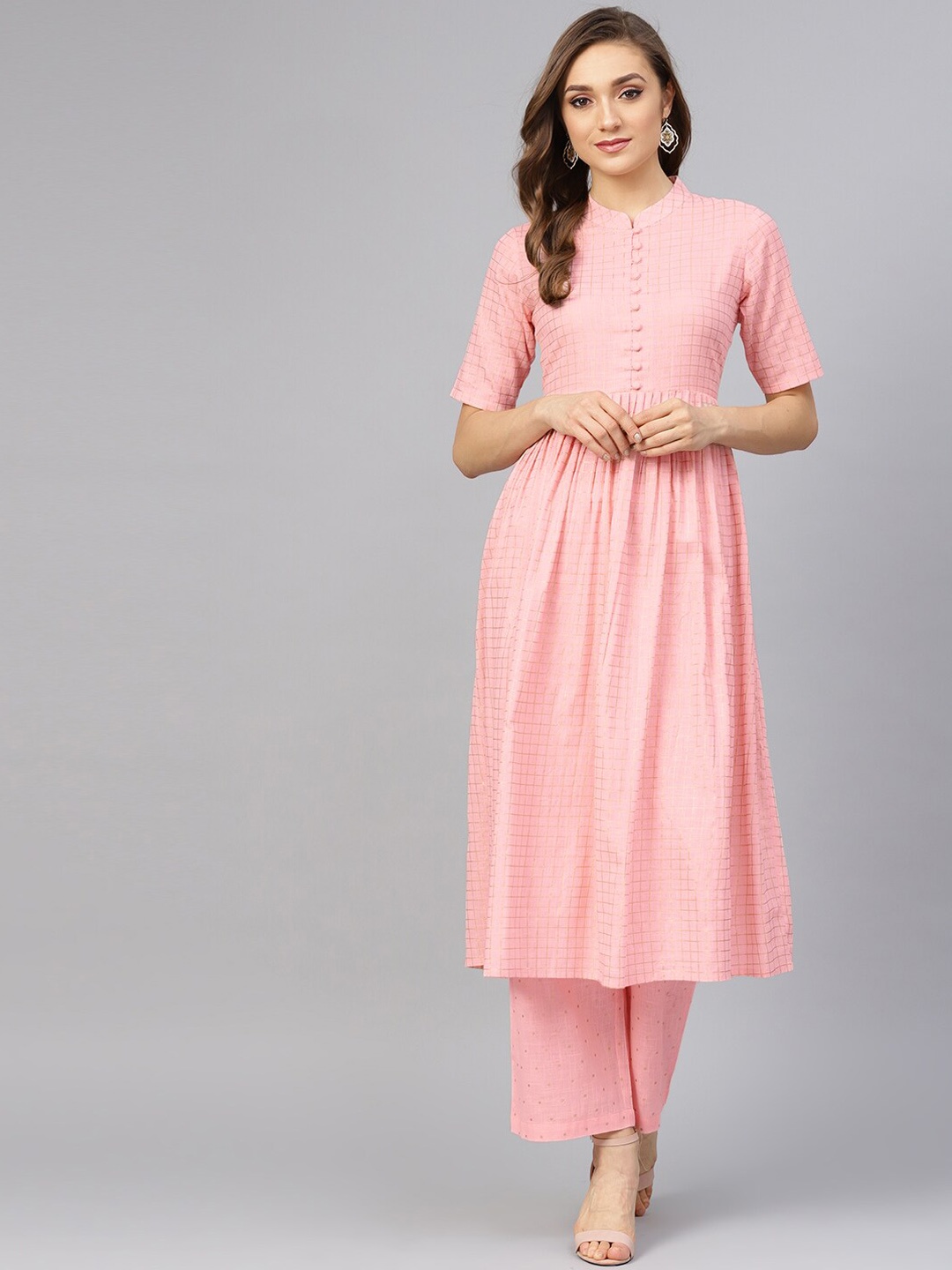 

Idalia Checked Mandarin Collar Anarkali Kurta with Palazzos, Pink