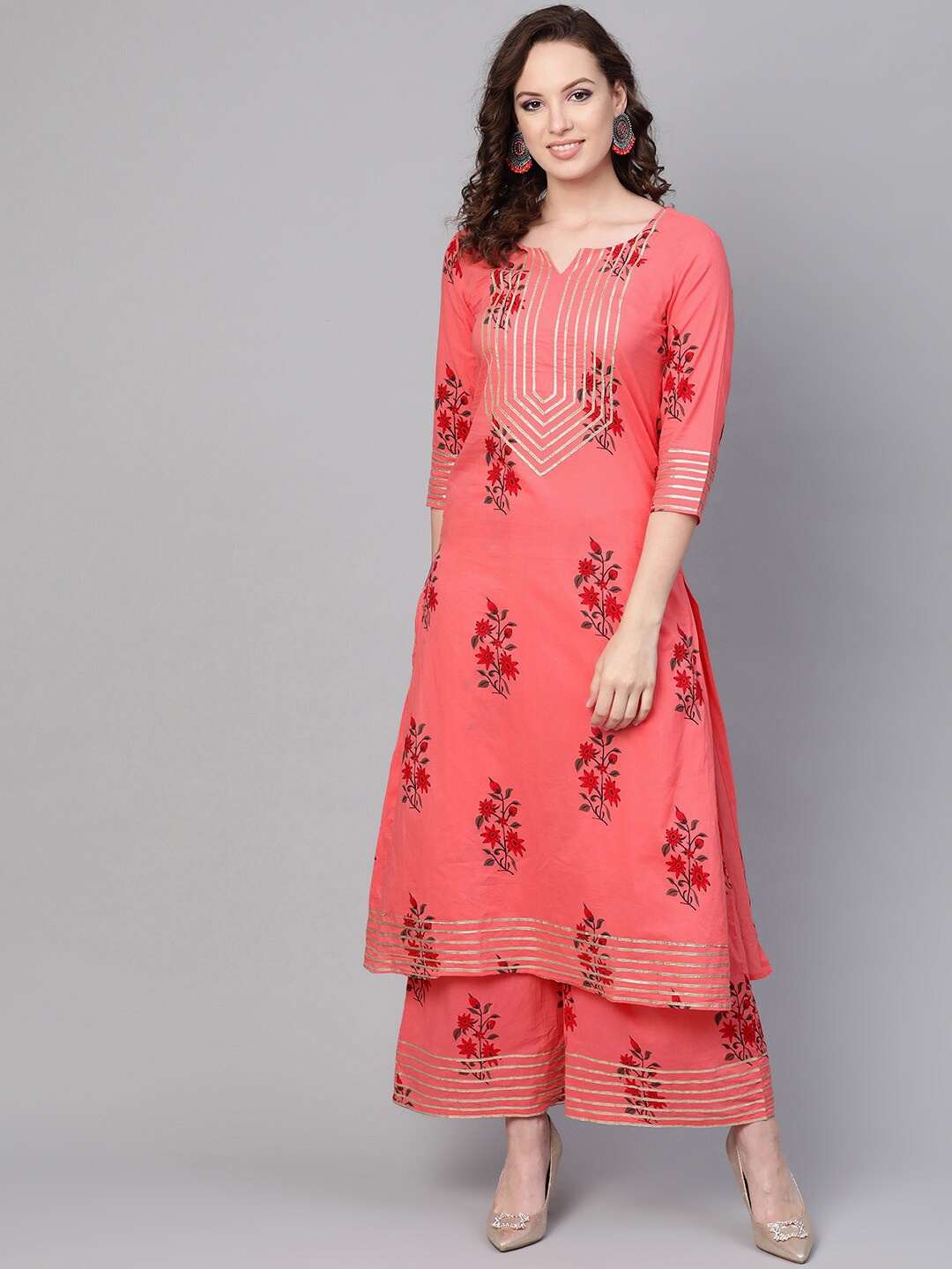 

Idalia Floral Printed Gotta Patti Notched Neck A-Line Kurta with Palazzos, Coral
