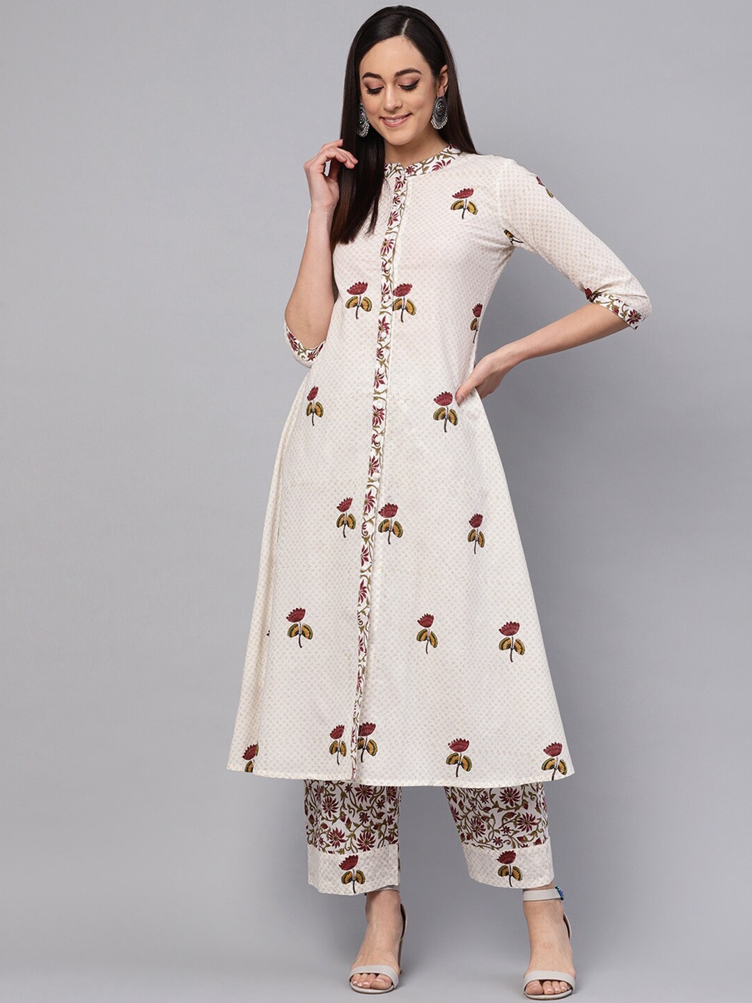 

Idalia Floral Printed Mandarin Collar A-Line Kurta with Palazzos, Off white