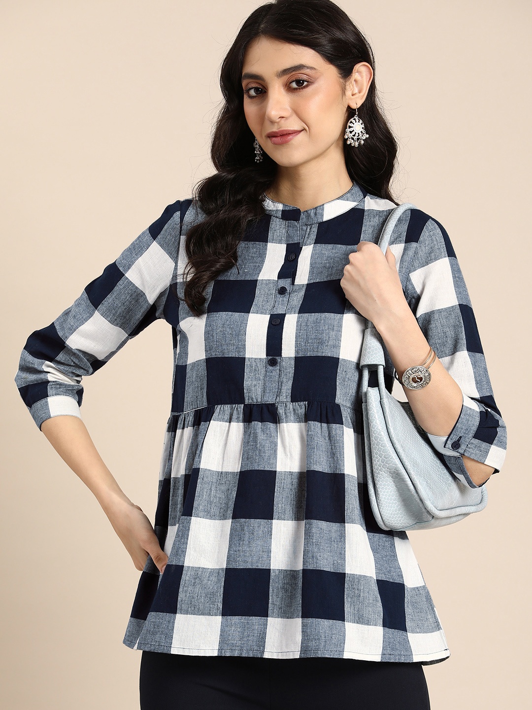 

Anouk Checked Mandarin Collar Top, Blue