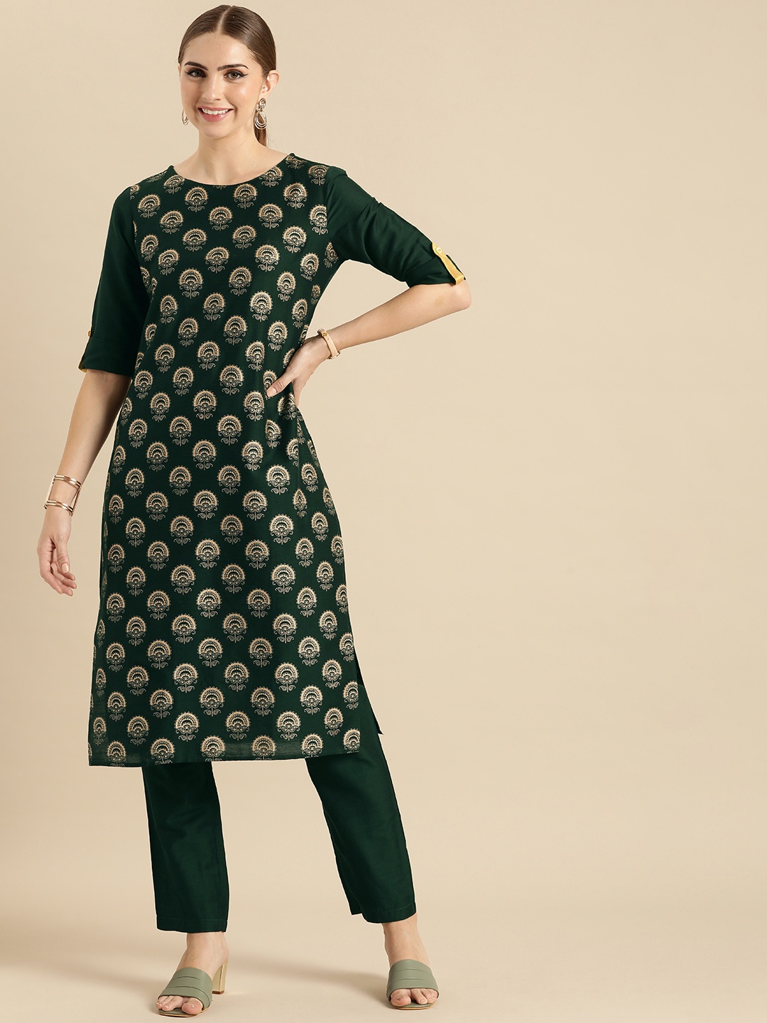 

Anouk Ethnic Motifs Printed Regular Kurta With Trousers, Green