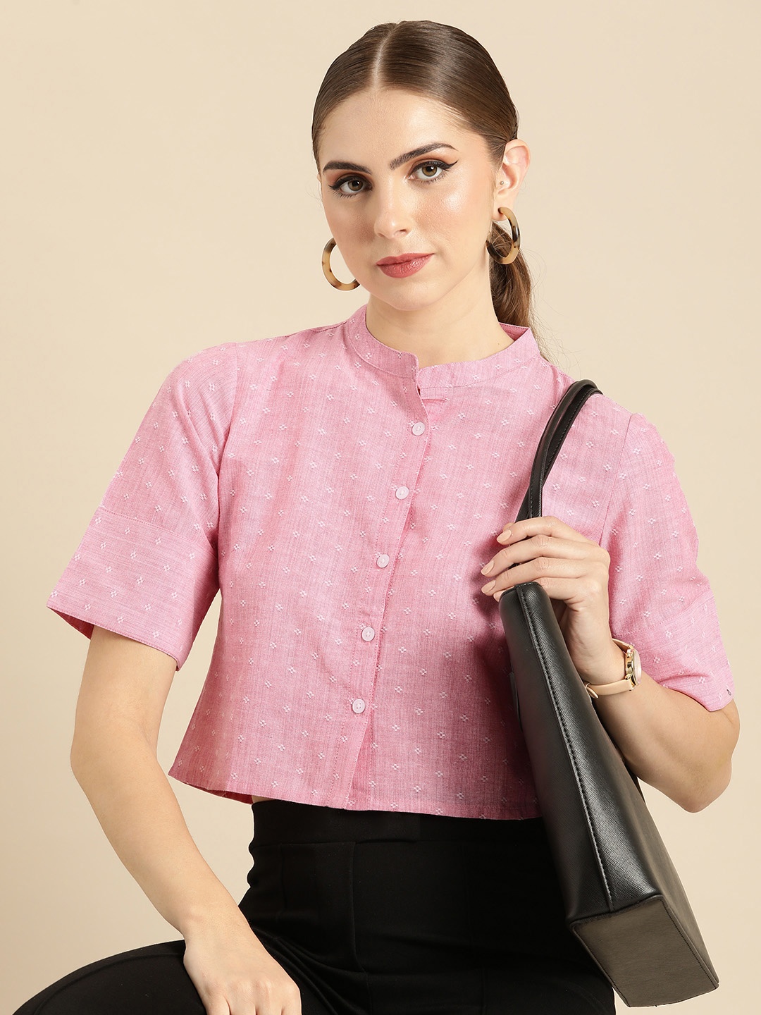 

Anouk Mandarin Collar Shirt Style Crop Top, Pink