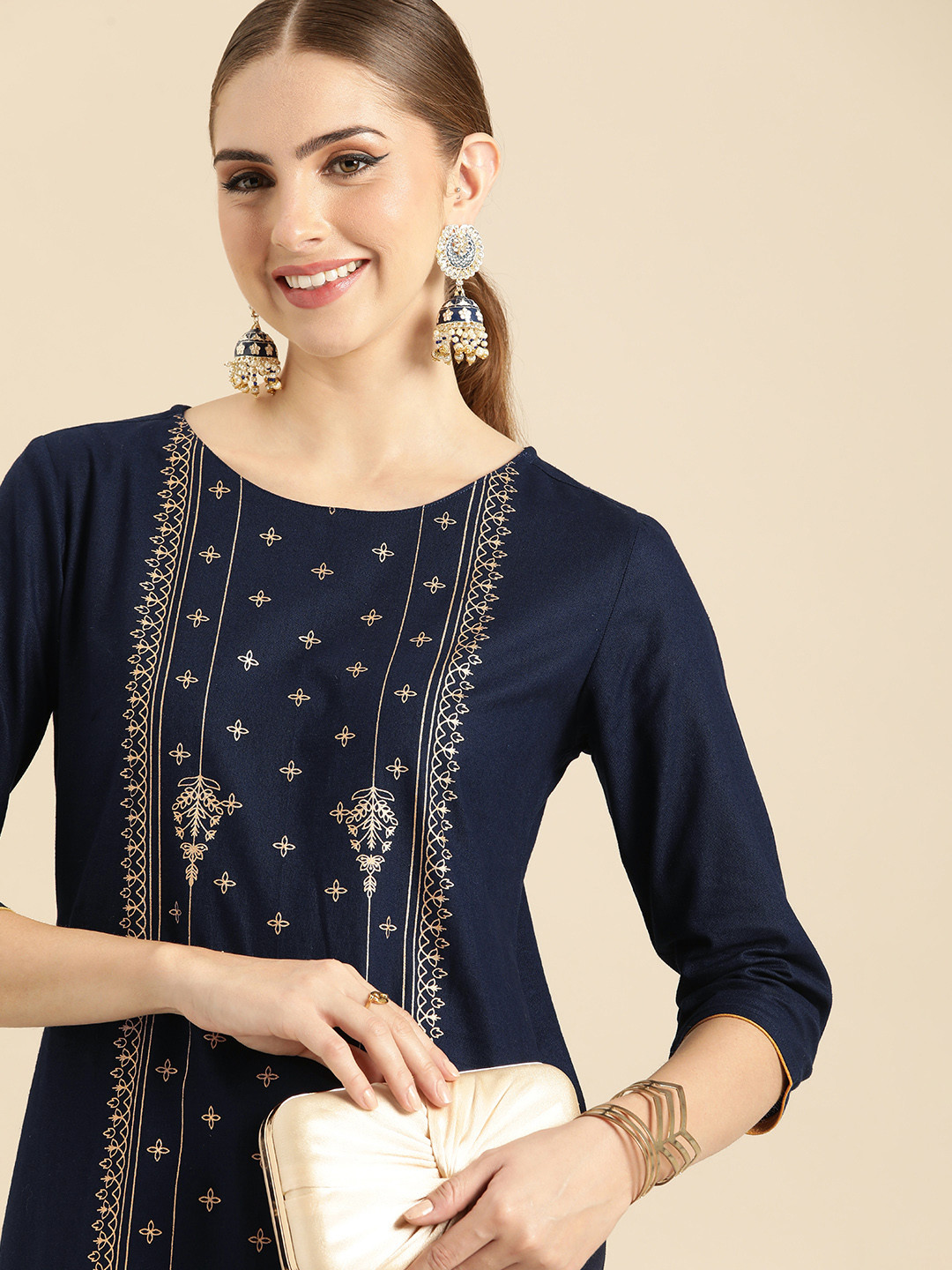 

Anouk Ethnic Motifs Foil Printed Kurta, Navy blue
