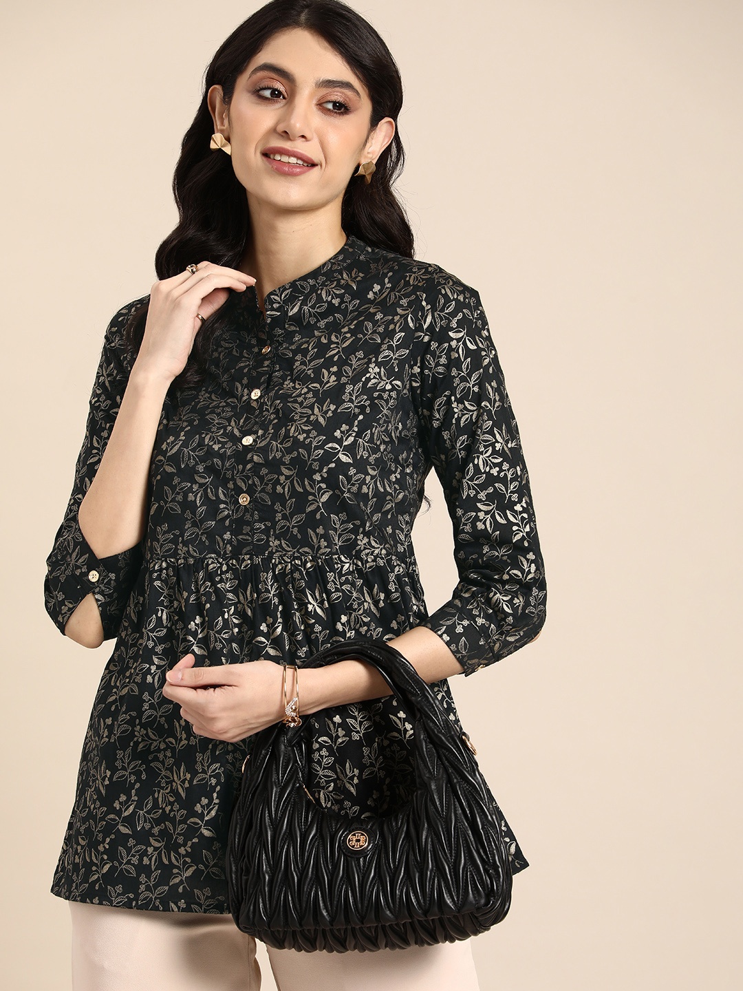 

Anouk Floral Print Mandarin Collar Top, Black