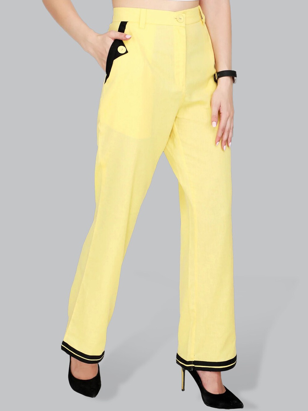 

CUFFS N LASHES Women Straight Fit Cotton Parallel Trousers, Yellow