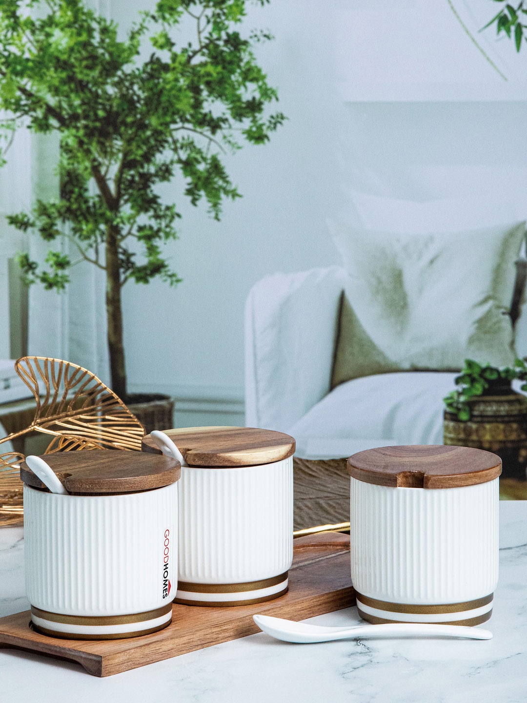 

GOODHOMES Condiment White & Brown 3 Pieces Canisters With Spoons & Lids & Tray 280 ml Each