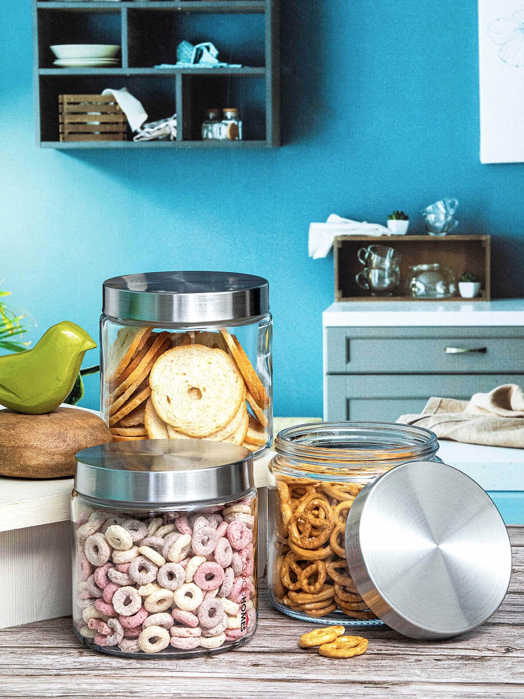 

GOODHOMES Transparent 3-Pieces Glass Storage Jars With SS Lid 900 ml Each