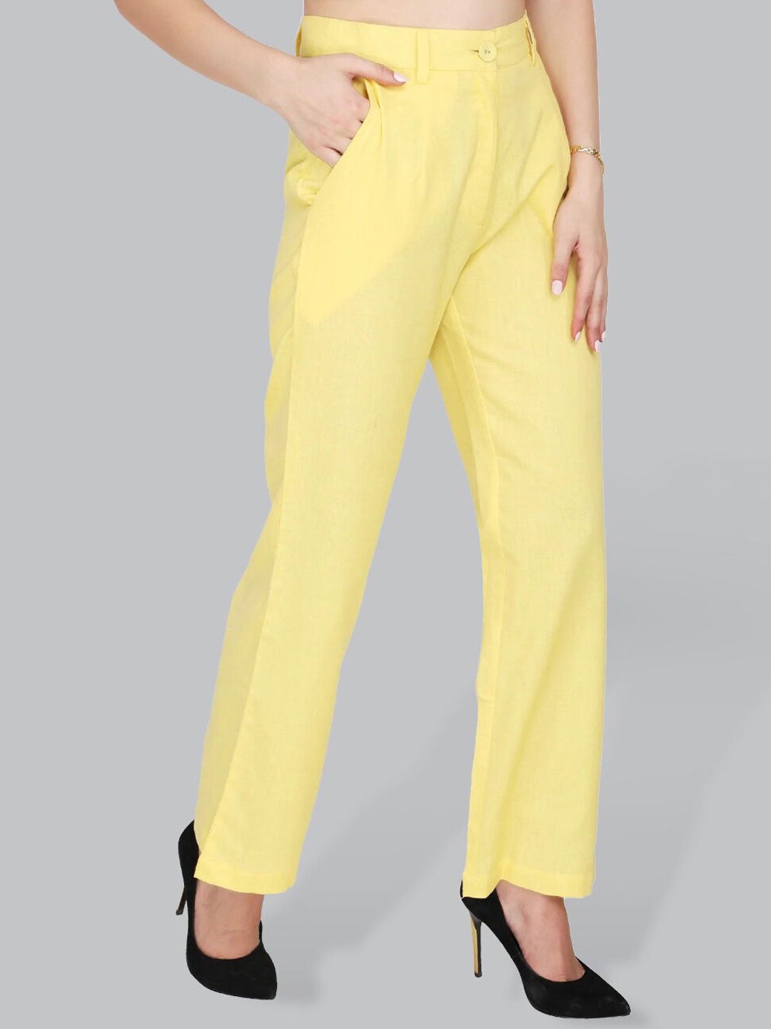 

CUFFS N LASHES Women Straight Fit Cotton Parallel Trousers, Yellow