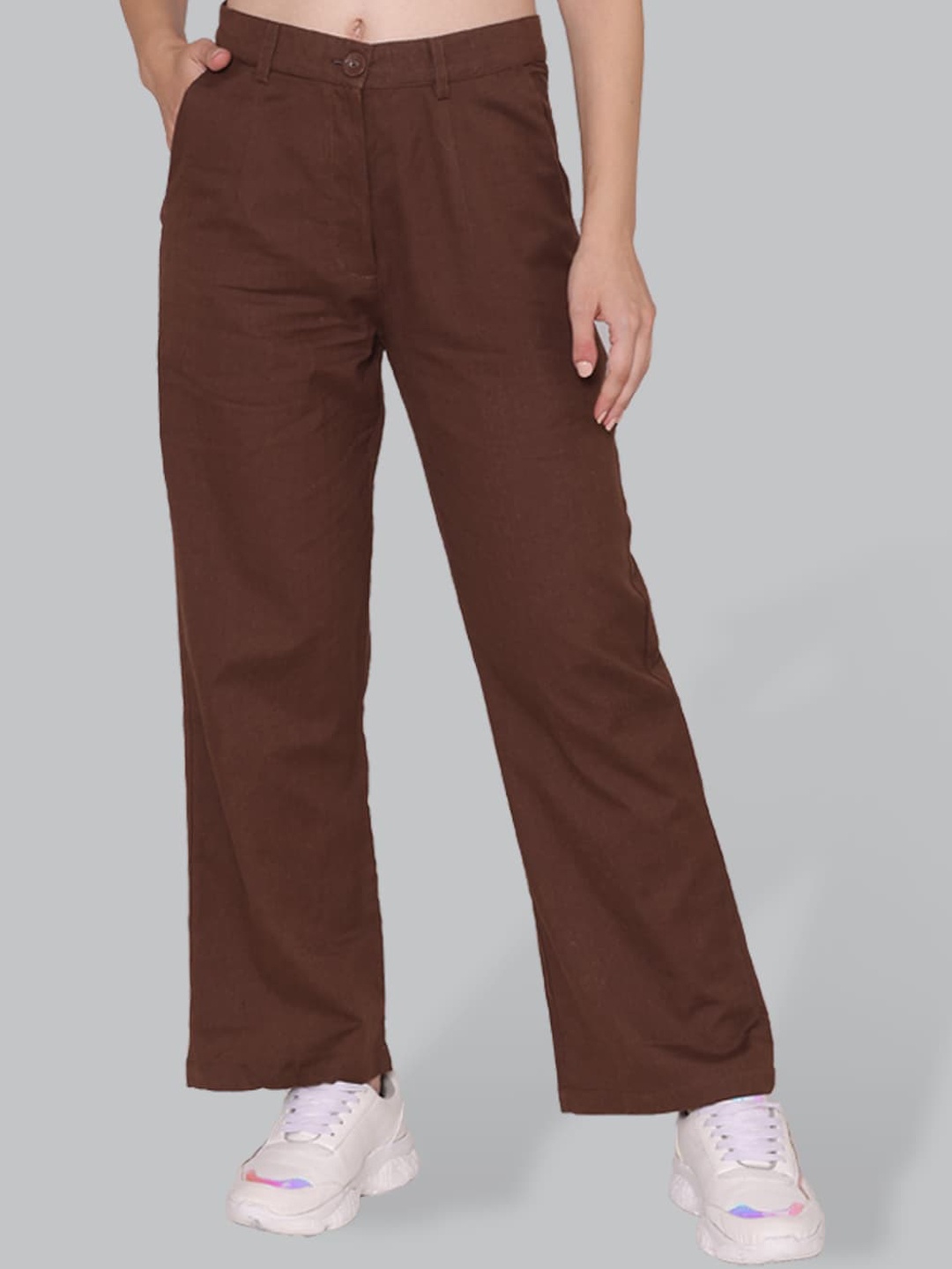 

CUFFS N LASHES Women Straight Fit Cotton Parallel Trousers, Brown