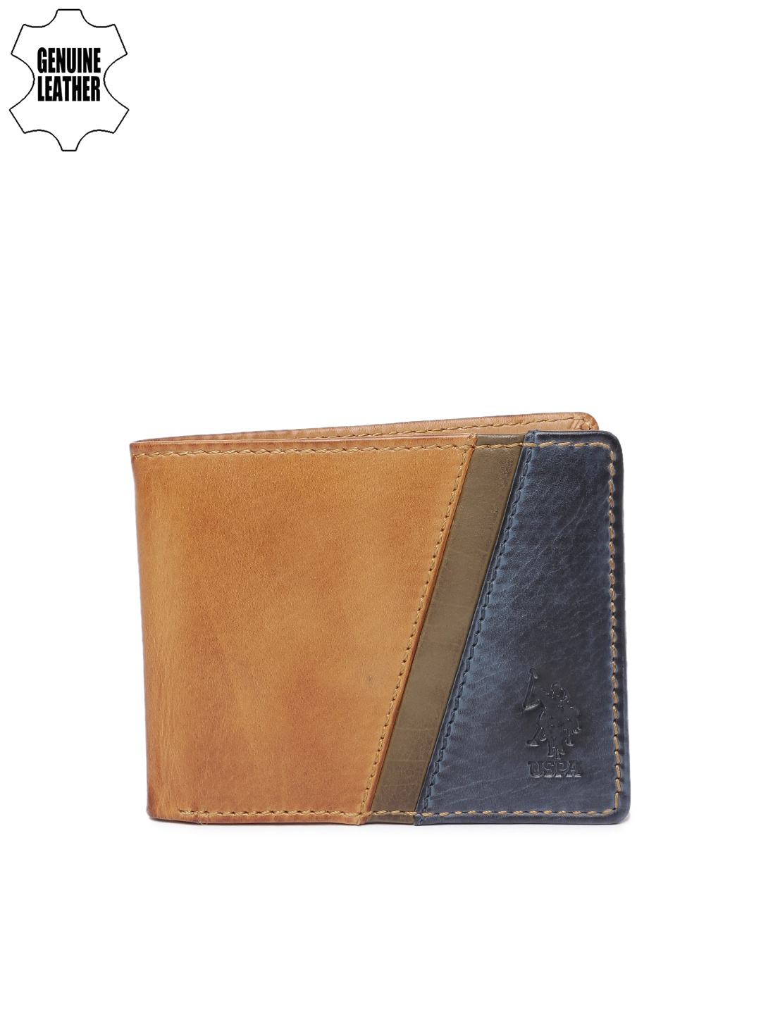 

U.S. Polo Assn. Men Tan & Blue Colourblocked Two Fold Wallet