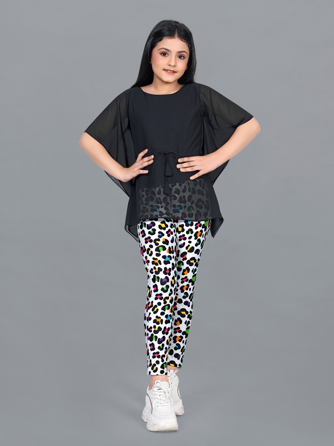 

FASHION DREAM Girls Kaftan Georgette Top With Printed Leggings Set, Black