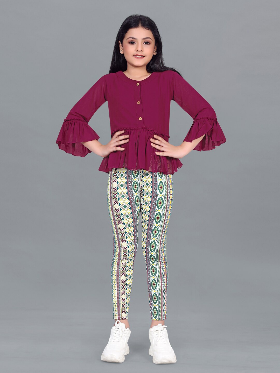 

FASHION DREAM Girls Georgette Top with Printed Leggings Set, Maroon