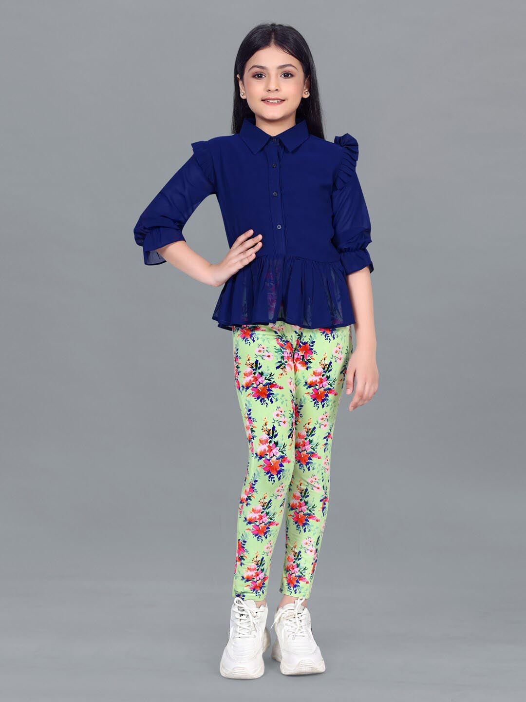 

FASHION DREAM Girls Printed Peplum Top with Leggings, Navy blue