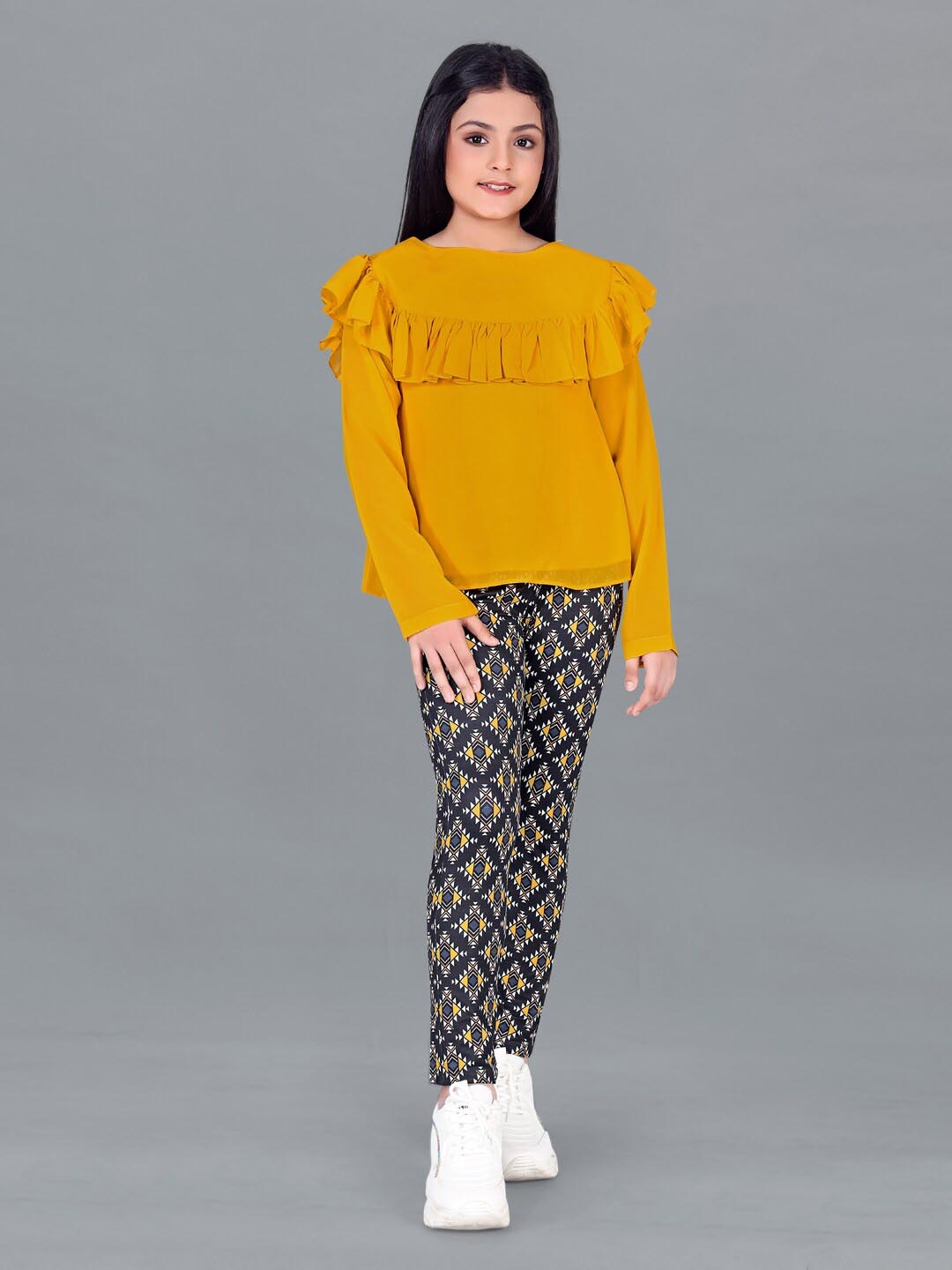 

FASHION DREAM Girls Georgette Top with Printed Leggings Set, Mustard