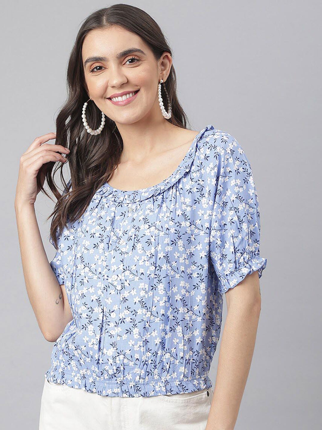 

Miss Grace Floral Printed Scoop Neck Puff Sleeve Top, Blue