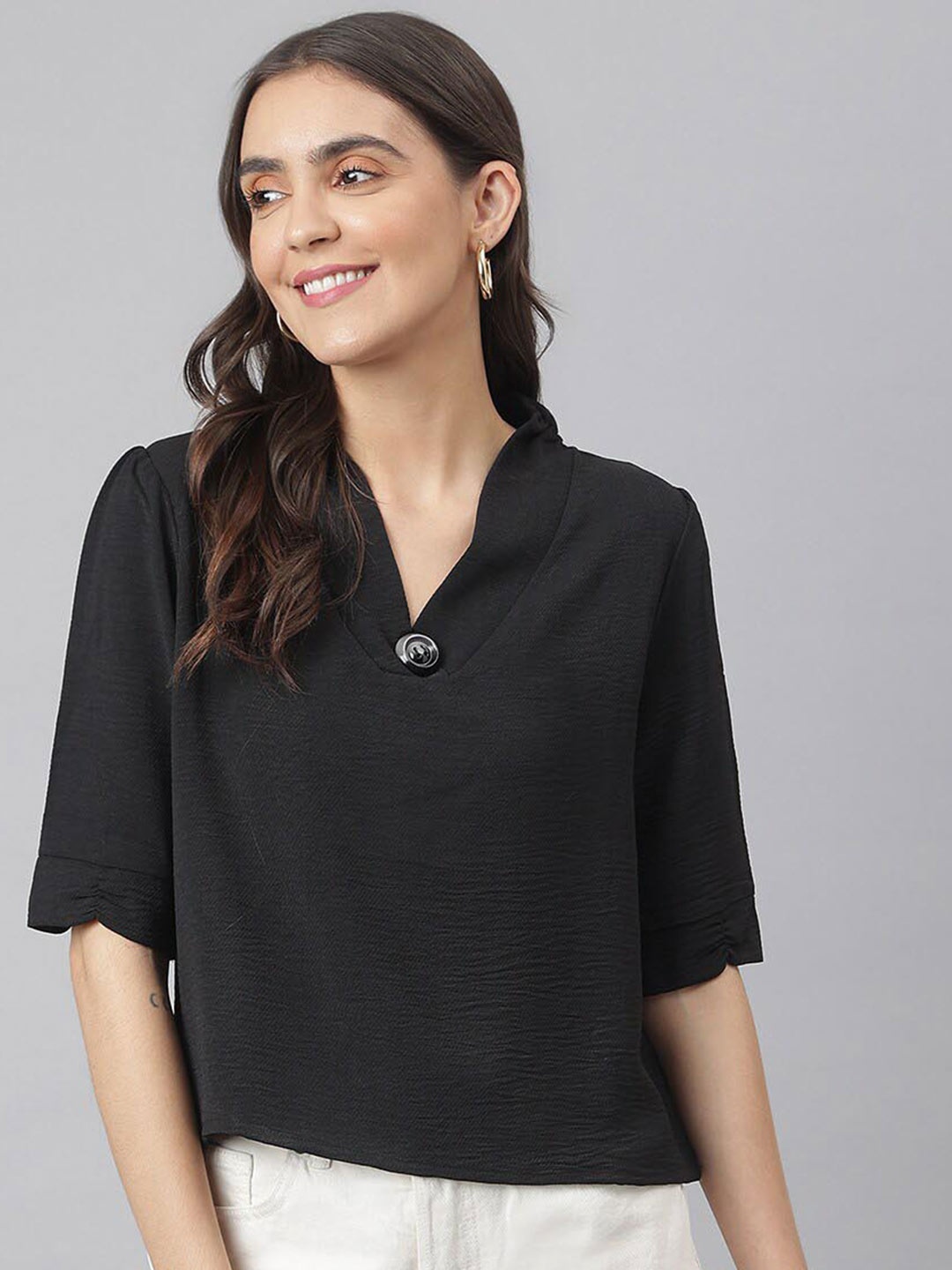 

Miss Grace V-Neck Puff Sleeves Top, Black