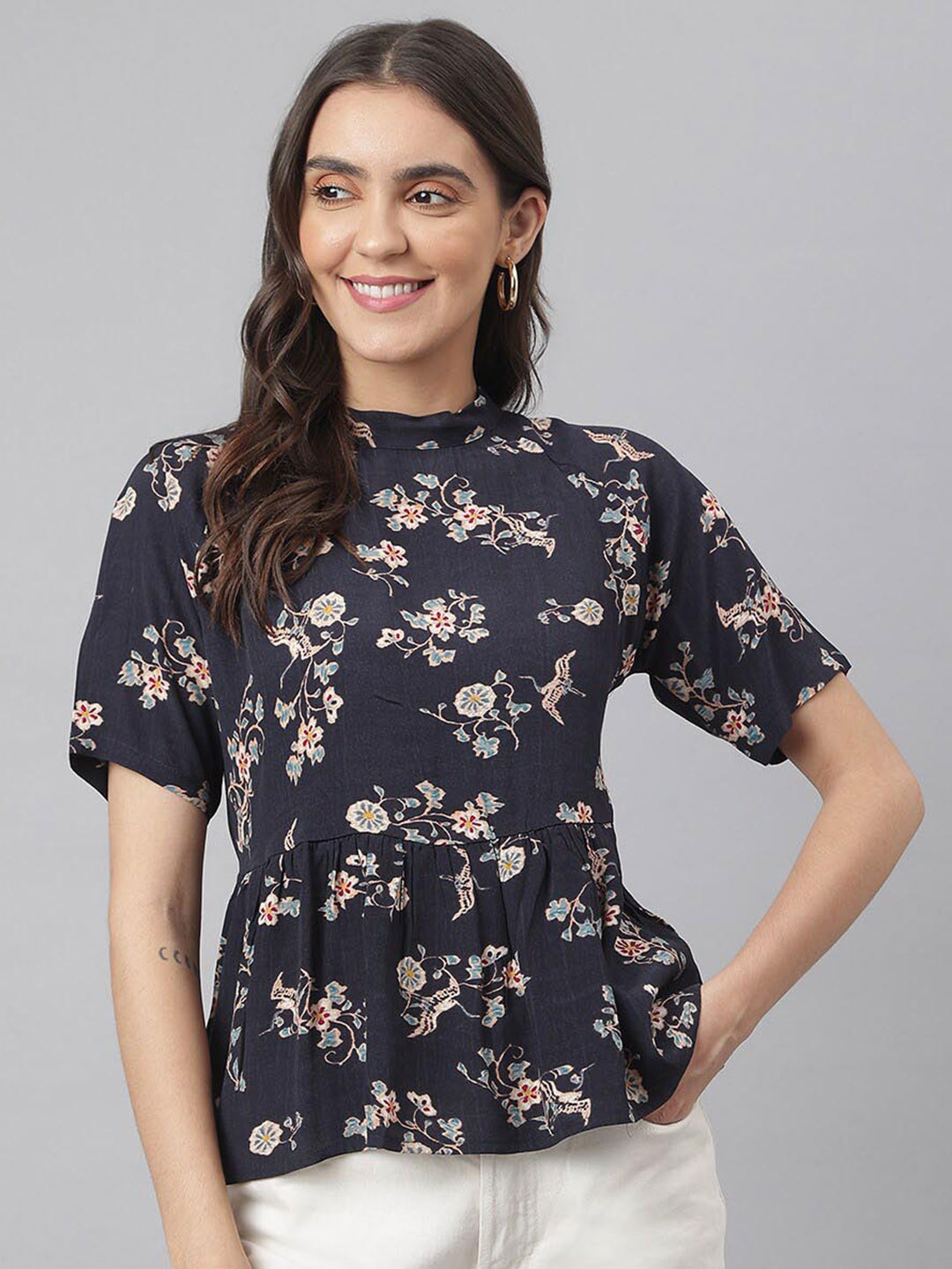 

Miss Grace Floral Printed Raglon Sleeves Tie-Up Peplum Top, Navy blue