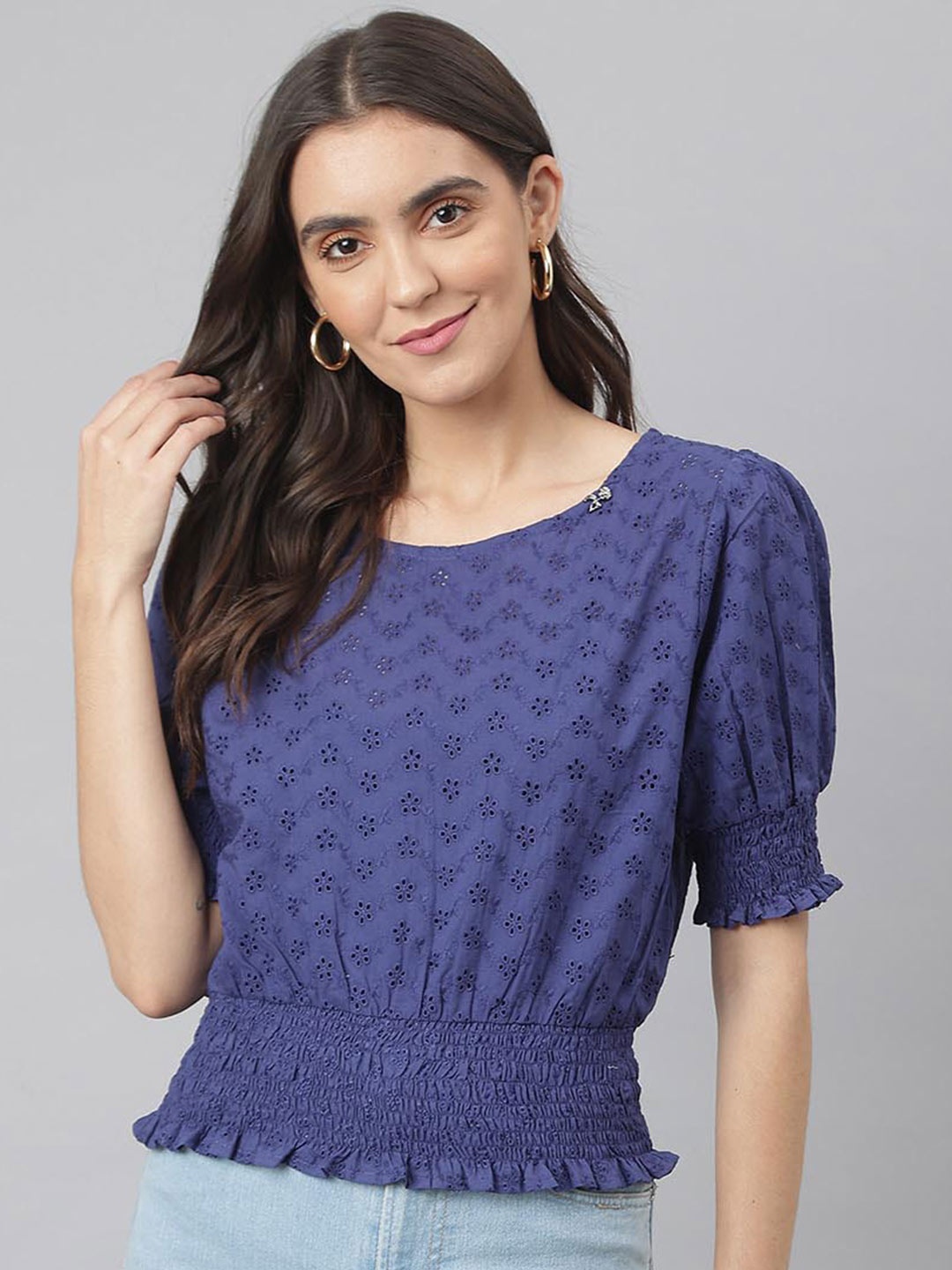 

Miss Grace Self Design Puff Sleeves Schiffli Top, Navy blue