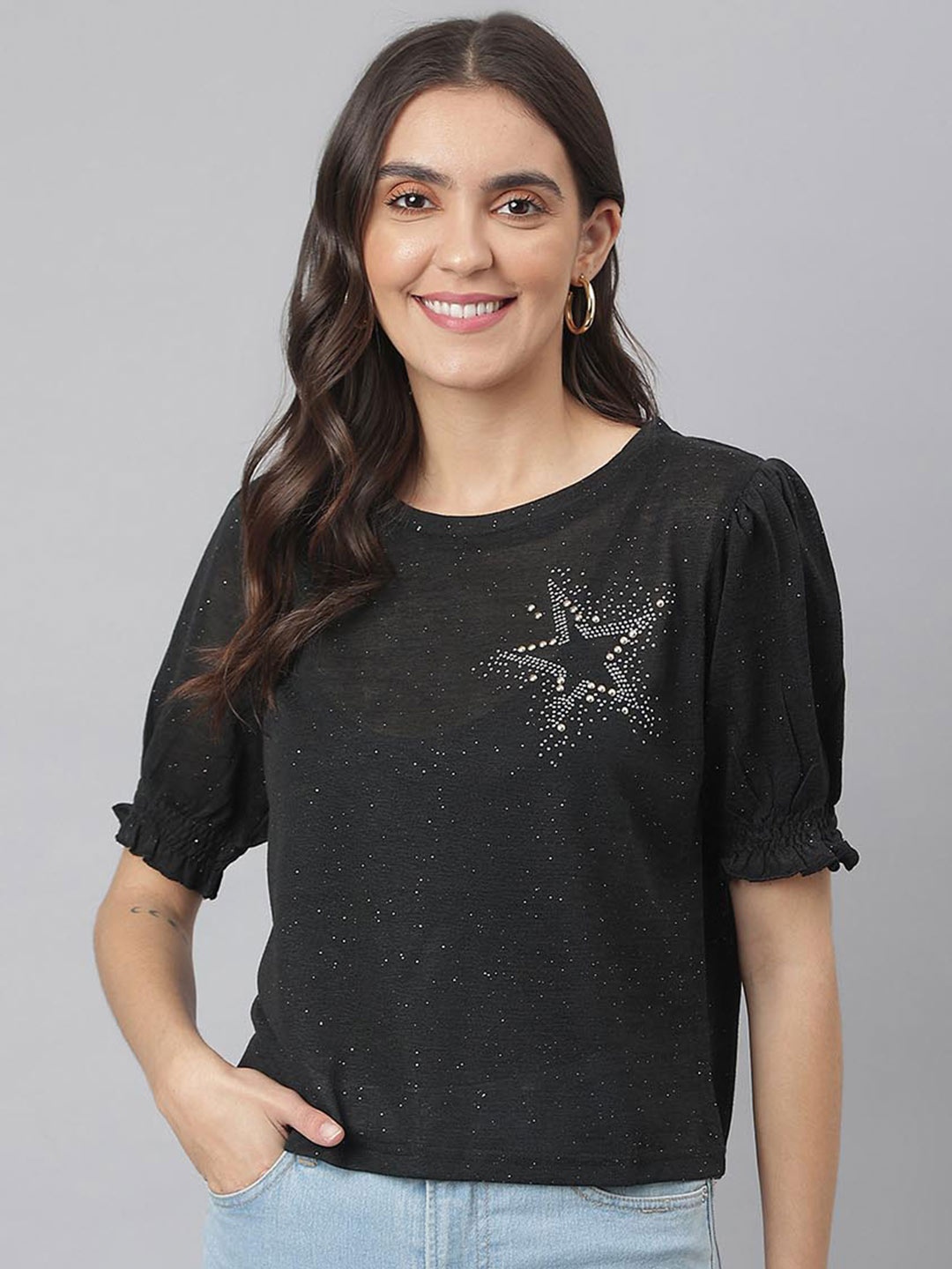 

Miss Grace Embellished Puff Sleeves Top, Black