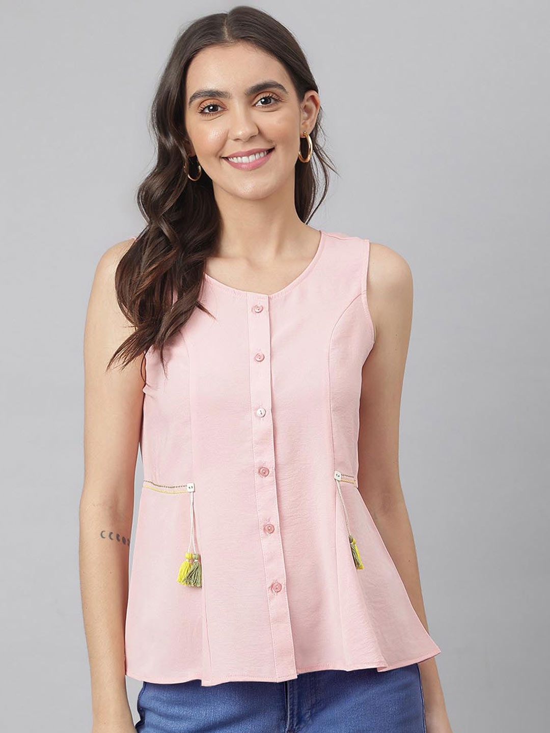 

Miss Grace Round Neck Sleeveless Shirt Style Top, Pink