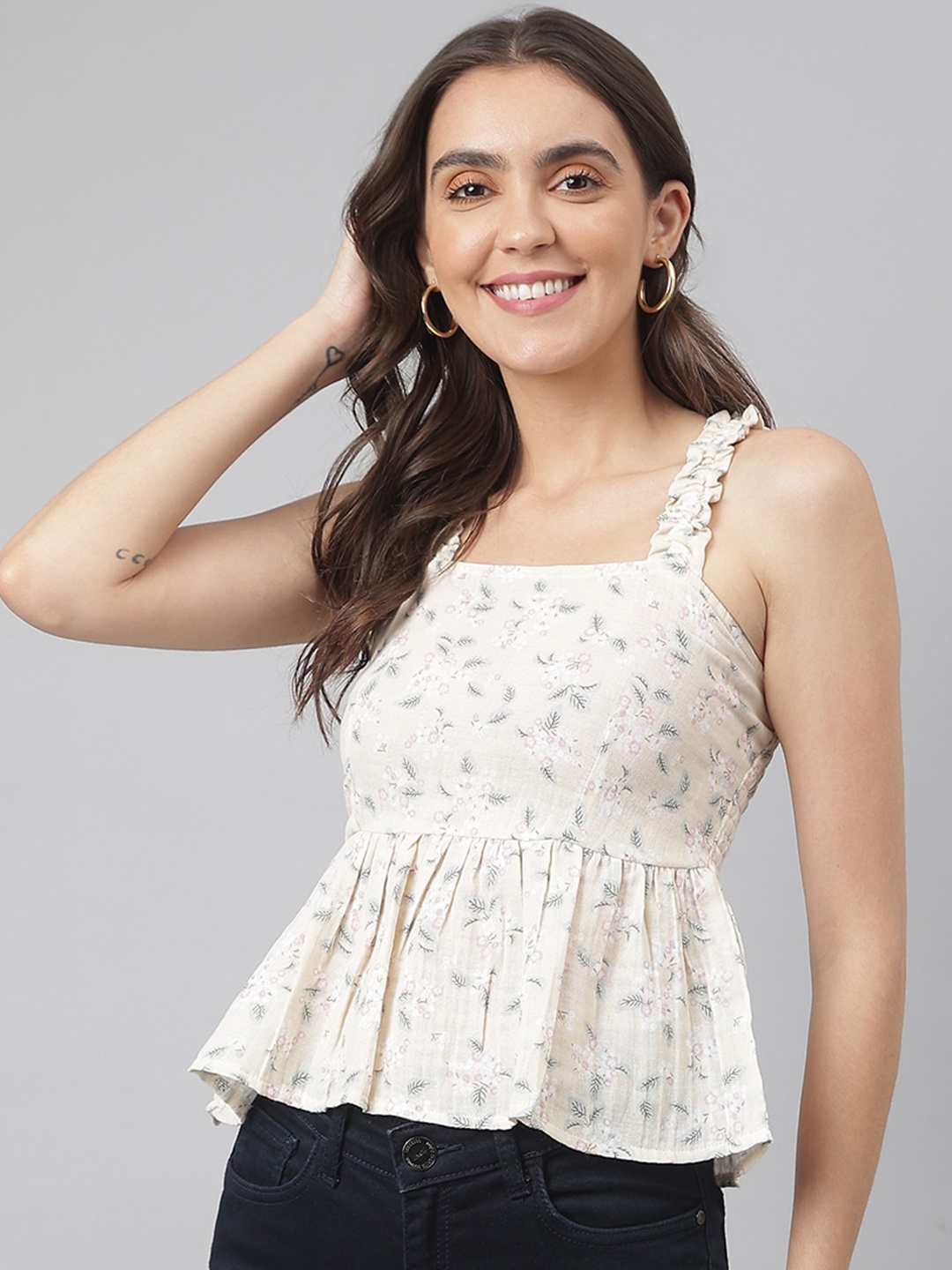 

Miss Grace Floral Printed Gathered Shoulder Straps Peplum Top, Beige