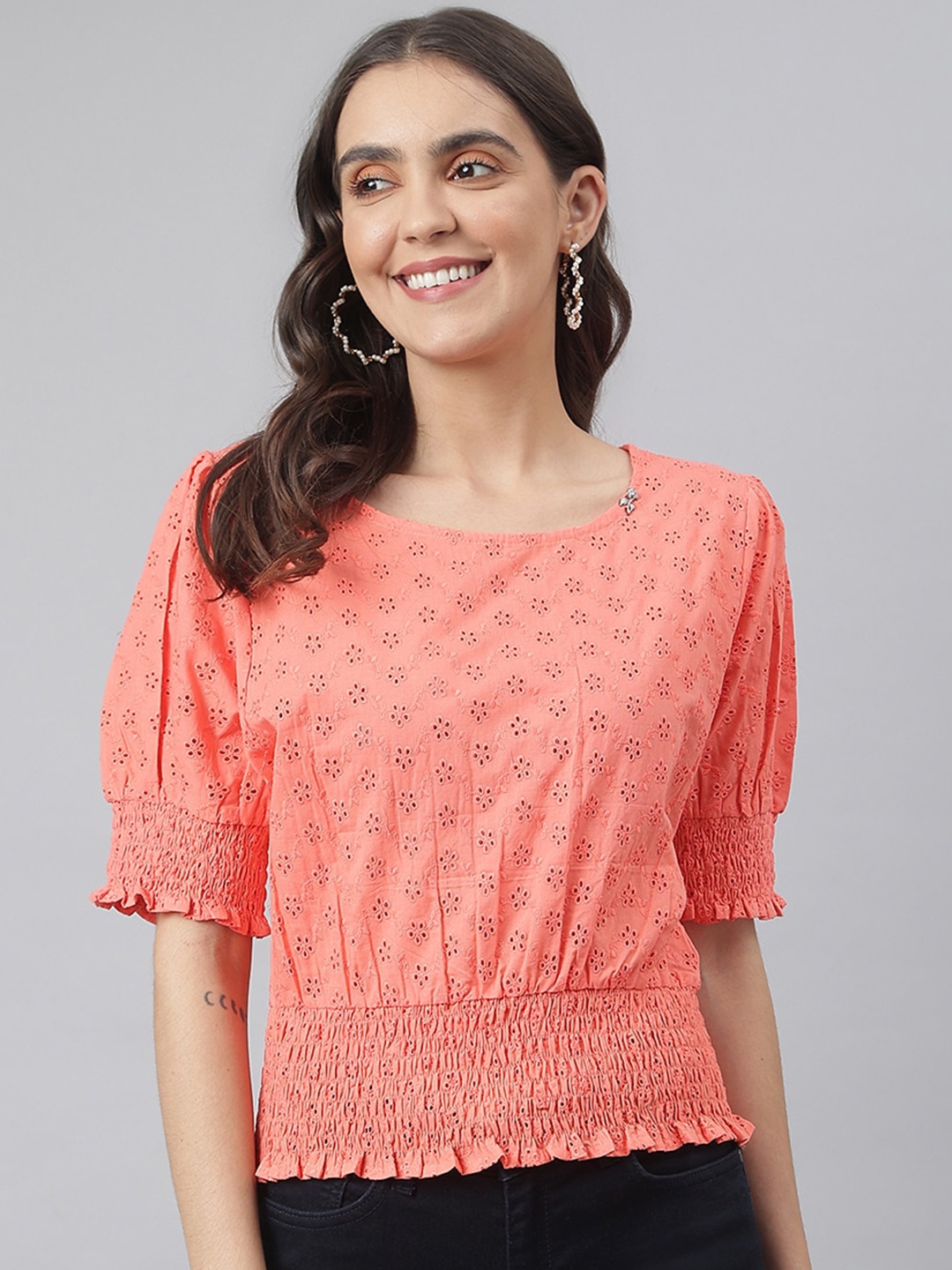 

Miss Grace Self Design Puff Sleeve Schiffli Top, Peach