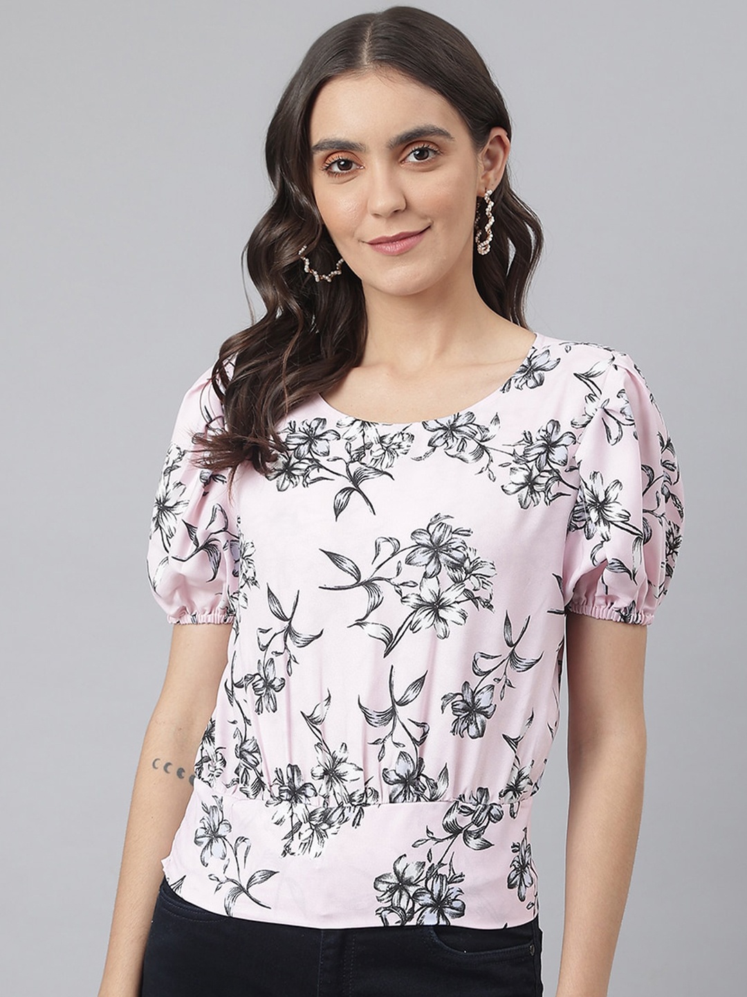 

Miss Grace Floral Printed Puff Sleeves Round Neck Gathered Top, Pink