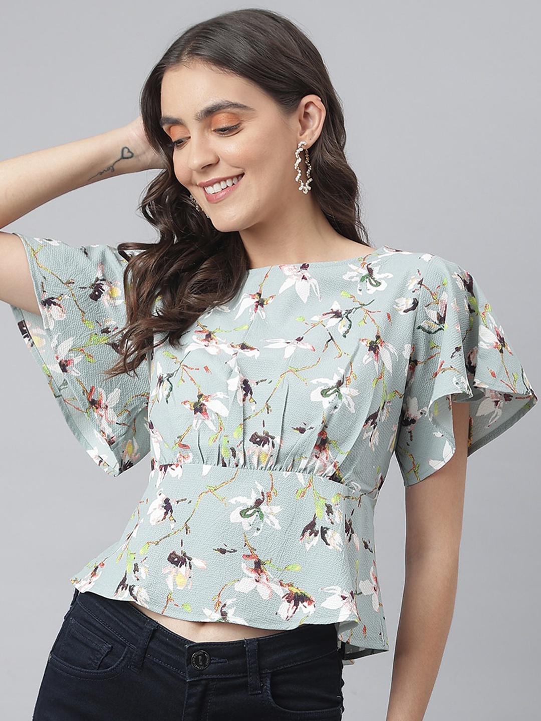 

Miss Grace Floral Printed Flared Sleeves Cinched Waist Crop Top, Grey