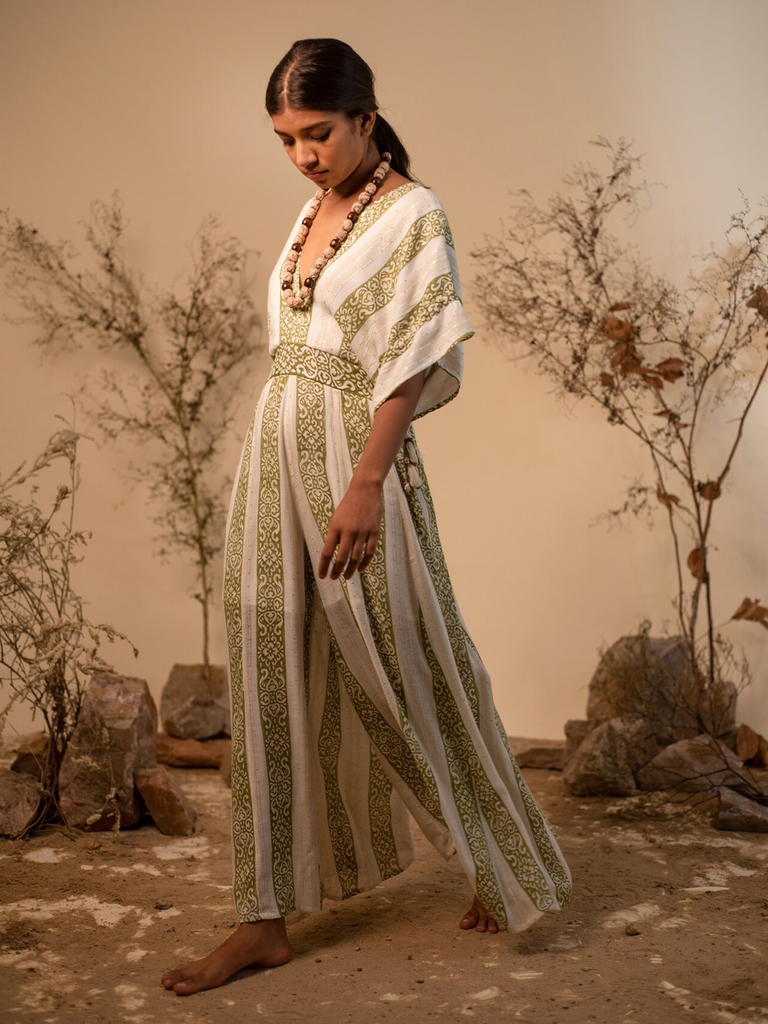 

Label Reyya Printed Culotte Jumpsuit with Embellished, Off white
